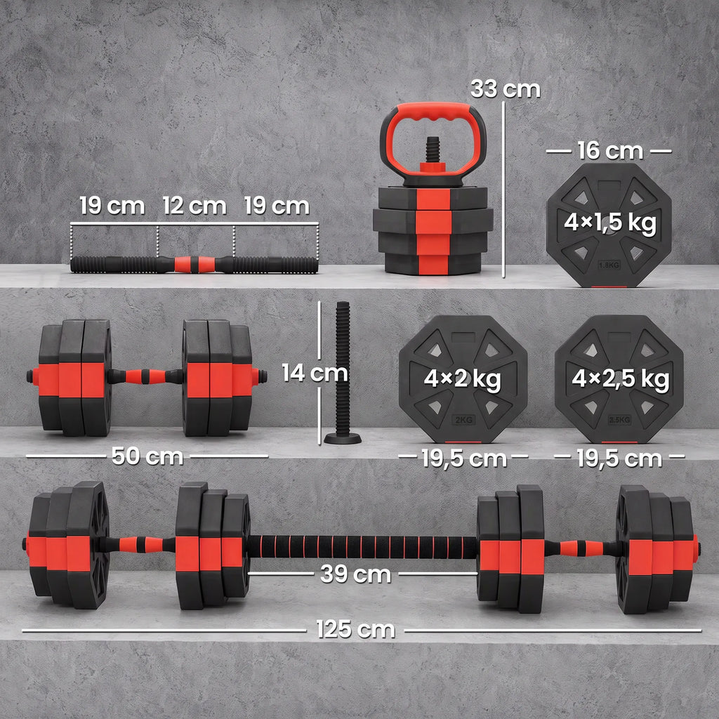 Reguliuojamas svarmenų rinkinys 6-in-1, 25 kg, raudonas