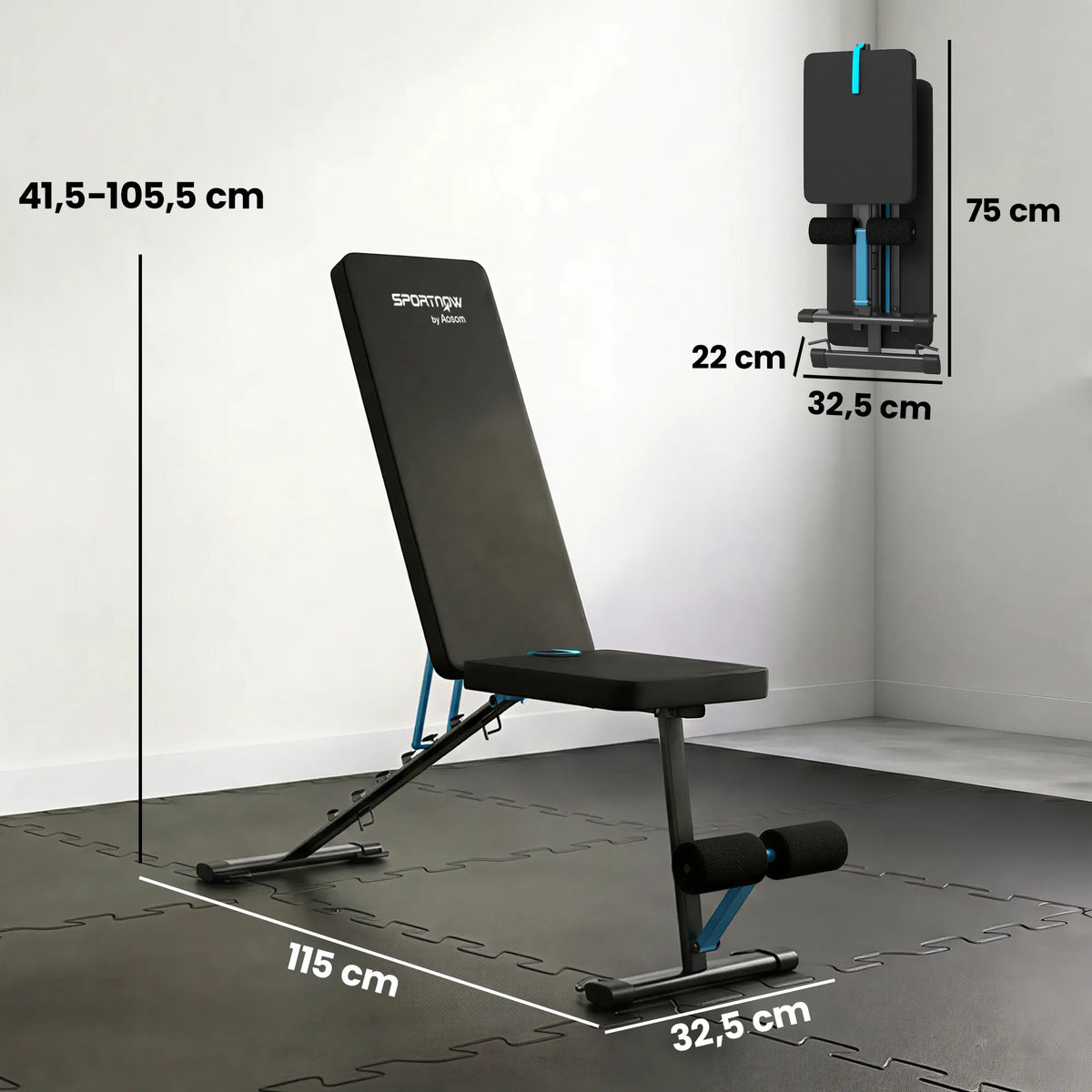 Suoliuko matmenys: aukštis 41,5–105,5 cm, ilgis 115 cm, plotis 32,5 cm