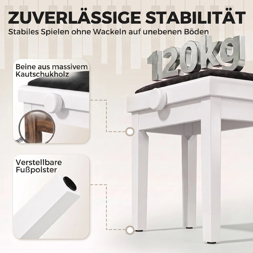 Reguliuojamo aukščio pianino suoliukas, baltas