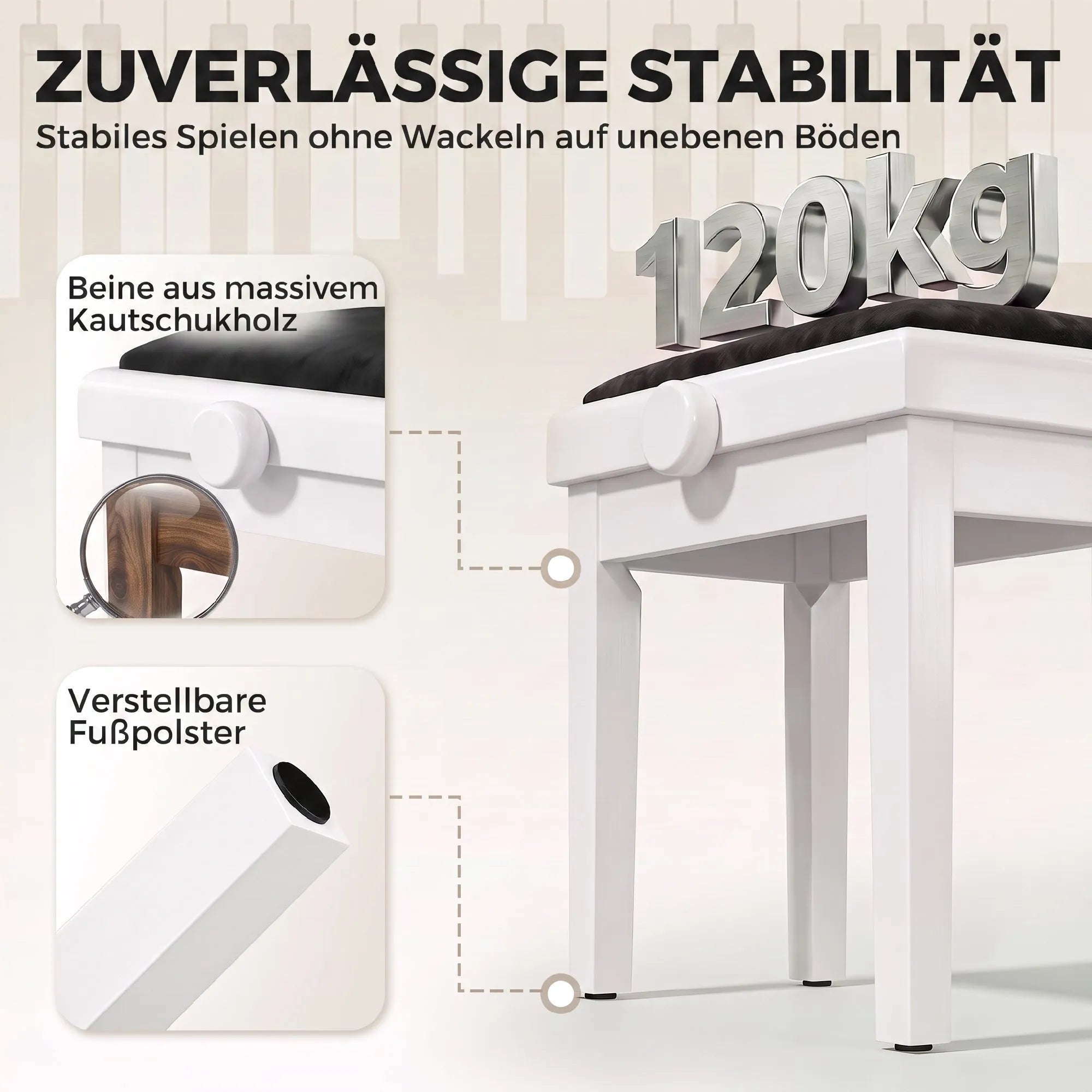 Reguliuojamo aukščio pianino suoliukas, baltas