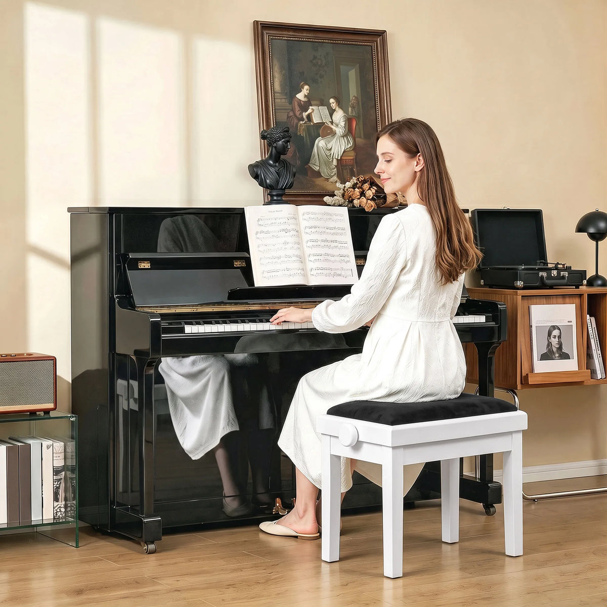 Reguliuojamo aukščio pianino suoliukas, baltas