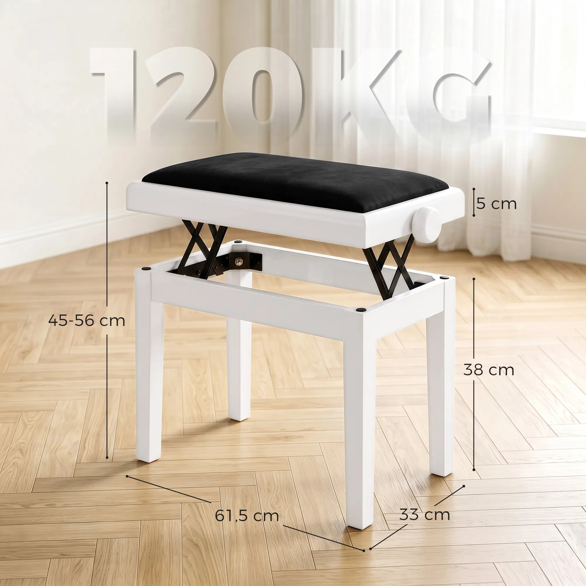 Reguliuojamo aukščio pianino suoliukas, baltas
