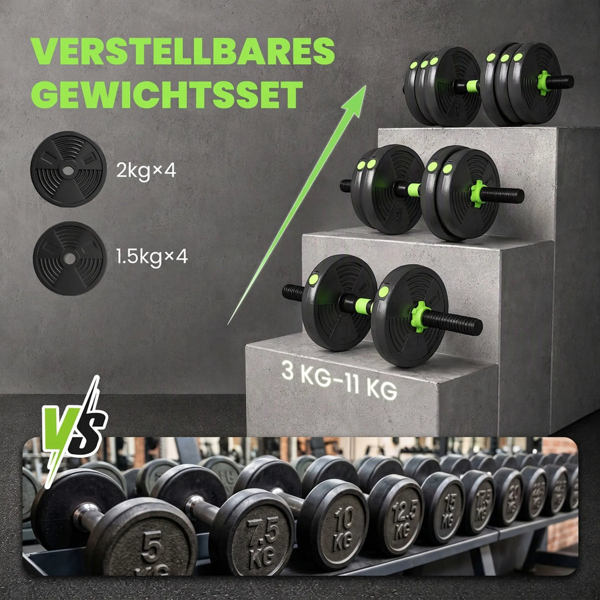 Reguliuojamų hantelių rinkinys, 15 kg, jėgos treniruotėms