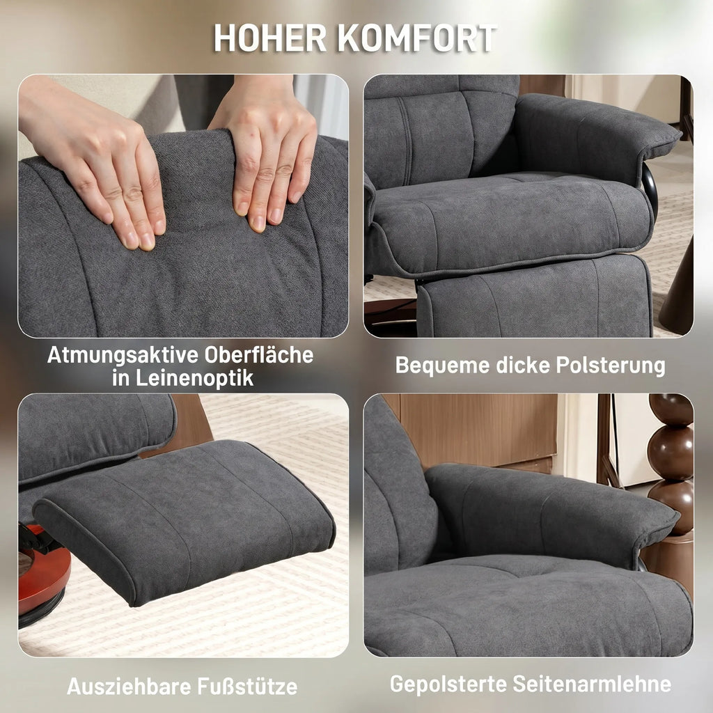 Relaksacinis fotelis atlošiamas iki 145°, besisukantis, pilkas