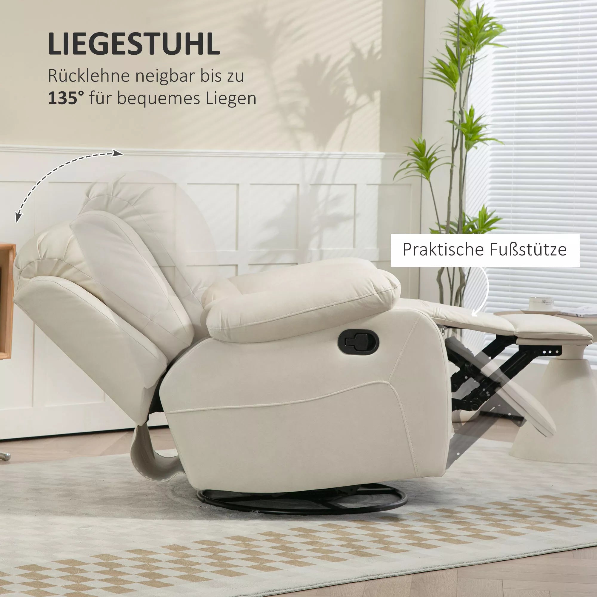 Relaksacinis fotelis, atlošiamas, pasukamas, iki 150 kg, kreminės spalvos