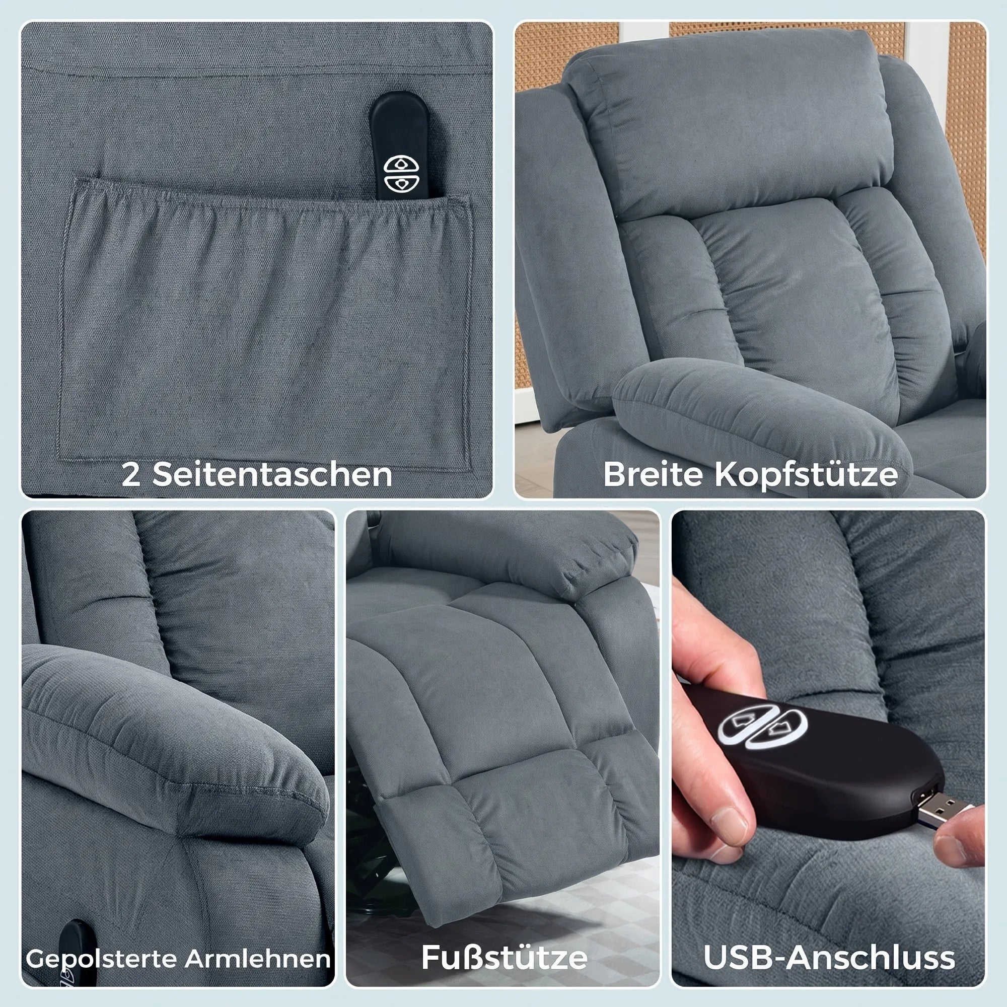 Relaksacinis fotelis su kėlimo funkcija ir pulteliu, pilkas