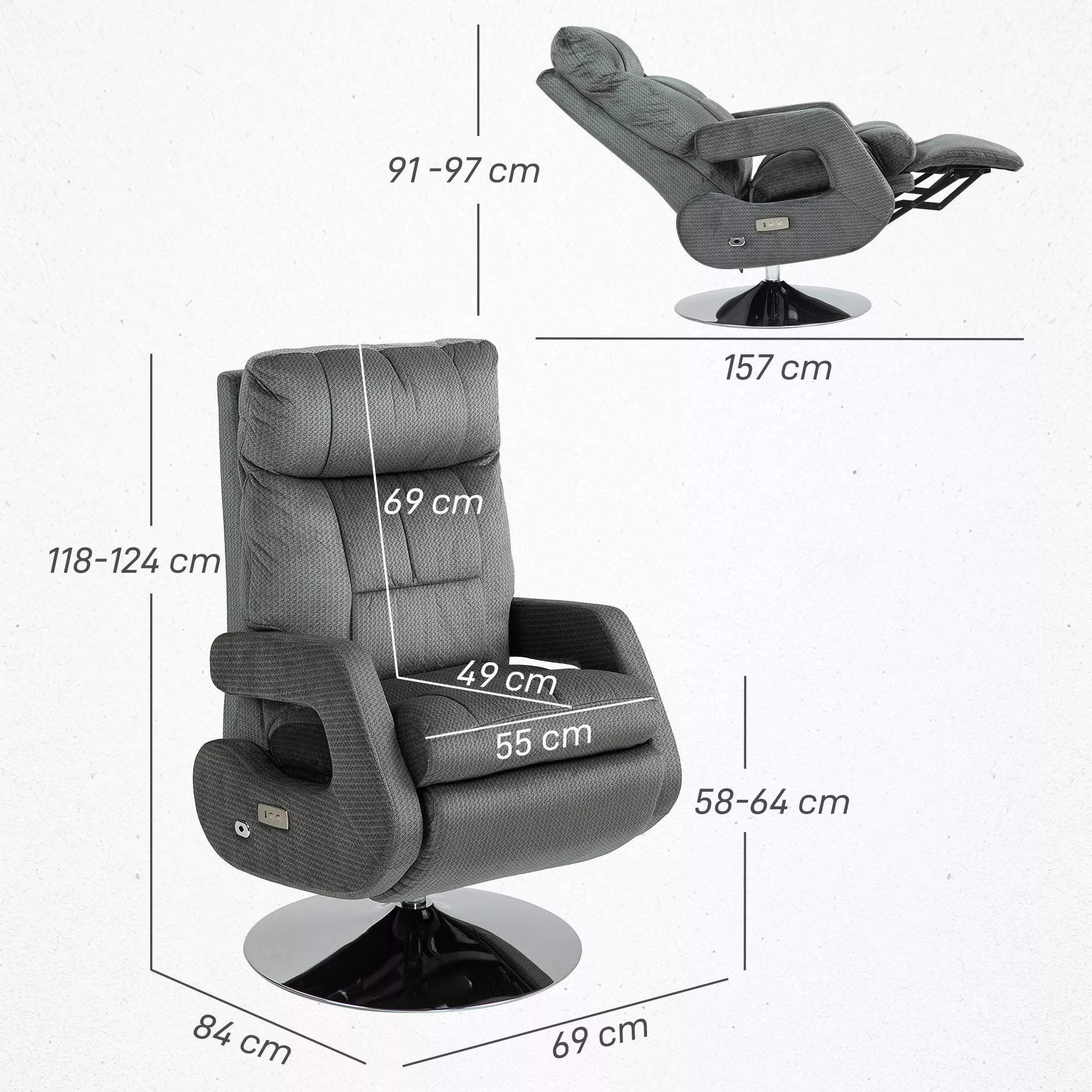 Relaksacinis krėslas, elektrinis su USB jungtimi ir pakojo atrama, aksominis, besisukantis, tamsiai pilkas