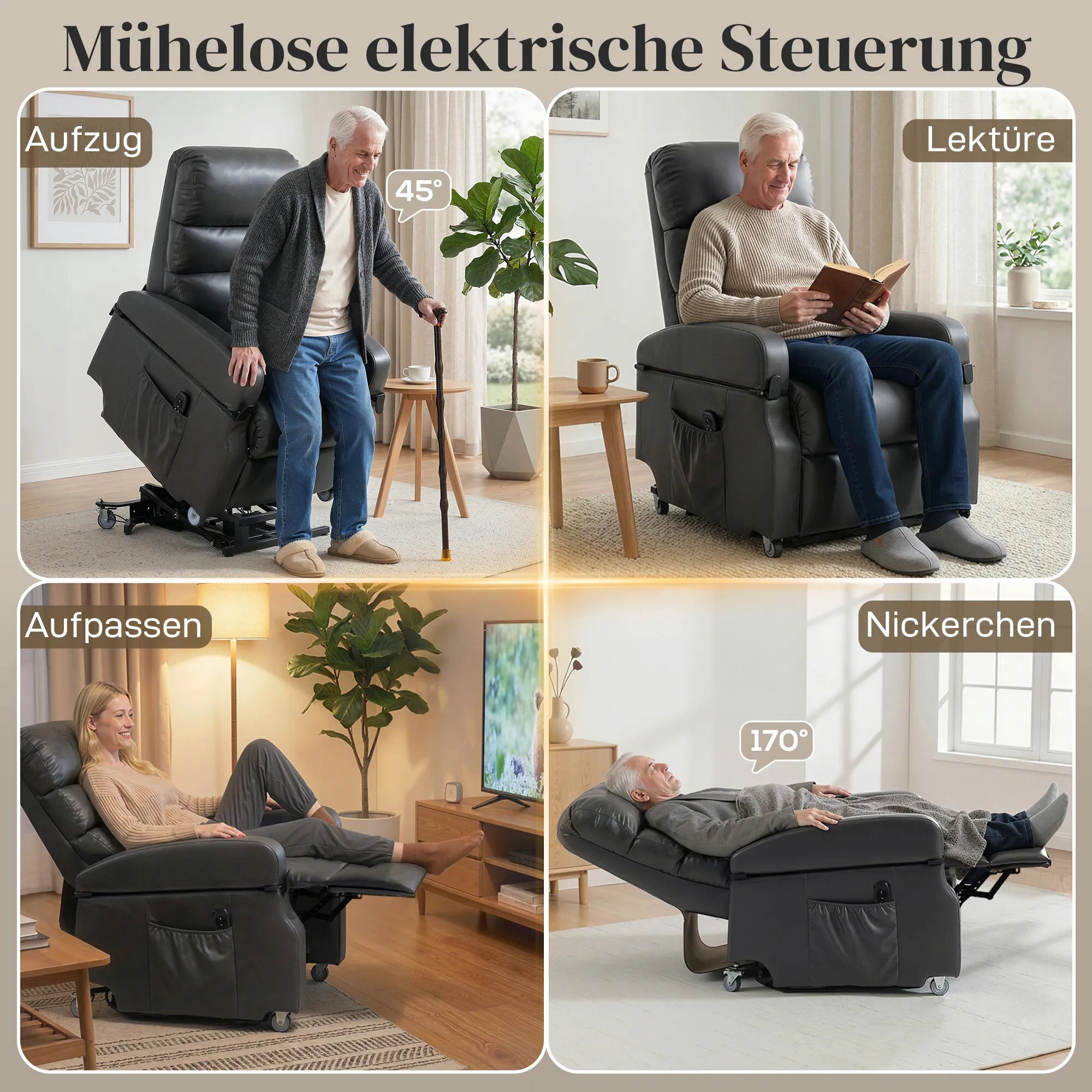 Relaksacinis krėslas su atsistojimo funkcija, iki 120 kg, elektrinis, su pakoja, tamsiai pilkas