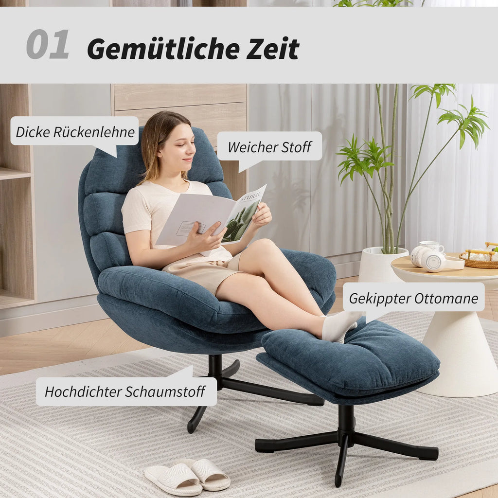 Relaksacinis krėslas su pufu, besisukantis, mėlynas