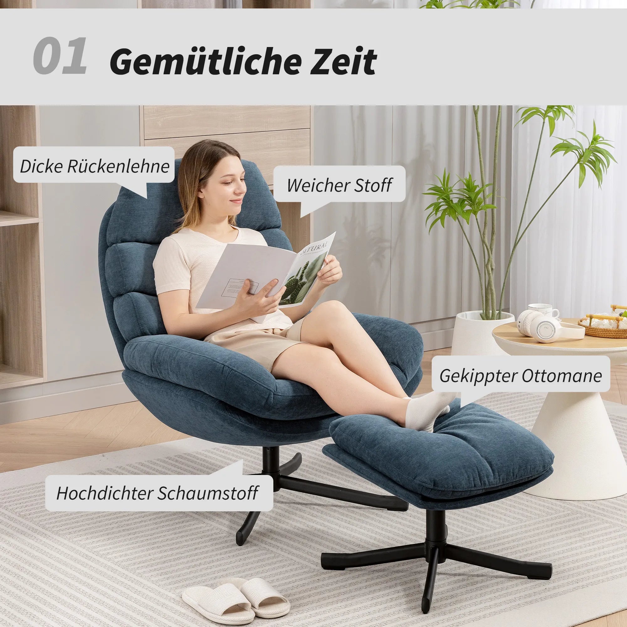Relaksacinis krėslas su pufu, besisukantis, mėlynas