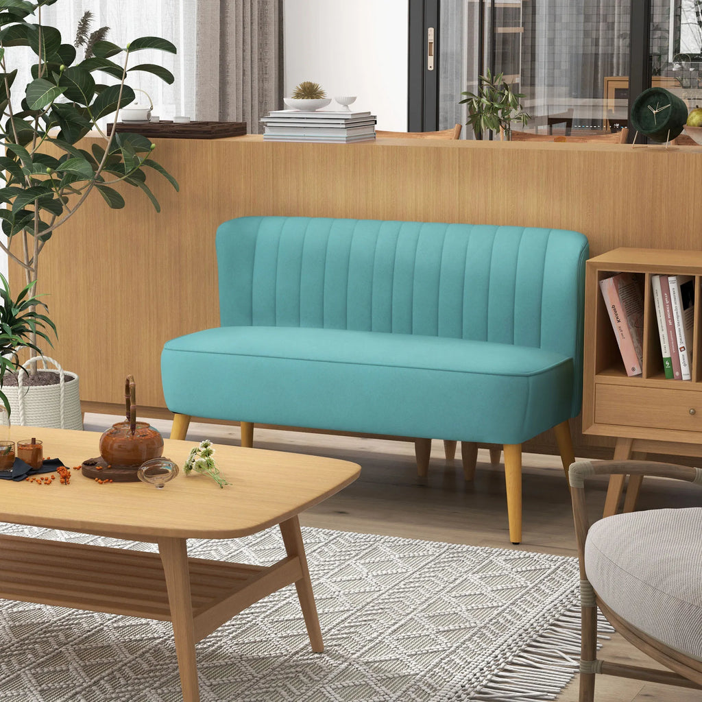Retro stiliaus sofa, dvivietė kušetė su medinėmis kojelėmis, tekstilė ir medis, 117x56,5x77 cm, žalia