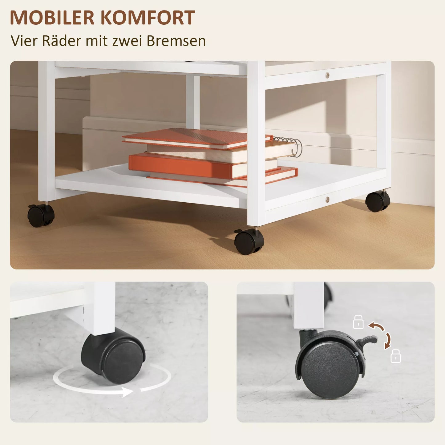 HOMCOM spausdintuvo stalas su ratukais, spausdintuvo stovas su 3 lentynomis, plieninis spausdintuvo laikiklis, 50 x 50 x 52,5 cm