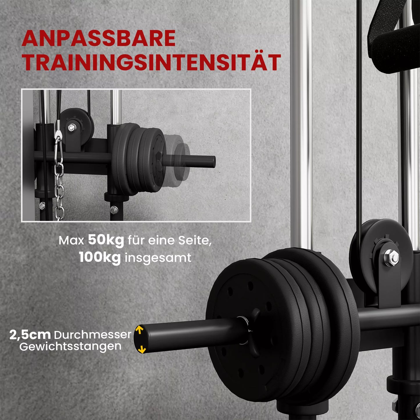 Jėgainės stotis, reguliuojamo aukščio 25–165 cm, su dvigubomis skriemulių sistemomis ir adapteriais, 62 x 60 x 200 cm, juoda