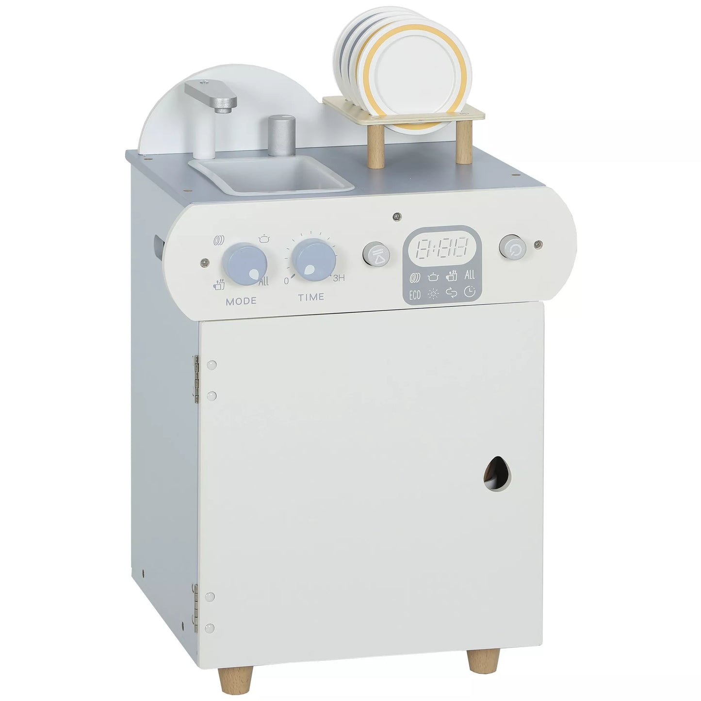 Indų plovimo rinkinys, medinė indaplovė vaikams, 32 priedai, MDF, vaikams nuo 3 metų, šviesiai mėlyna