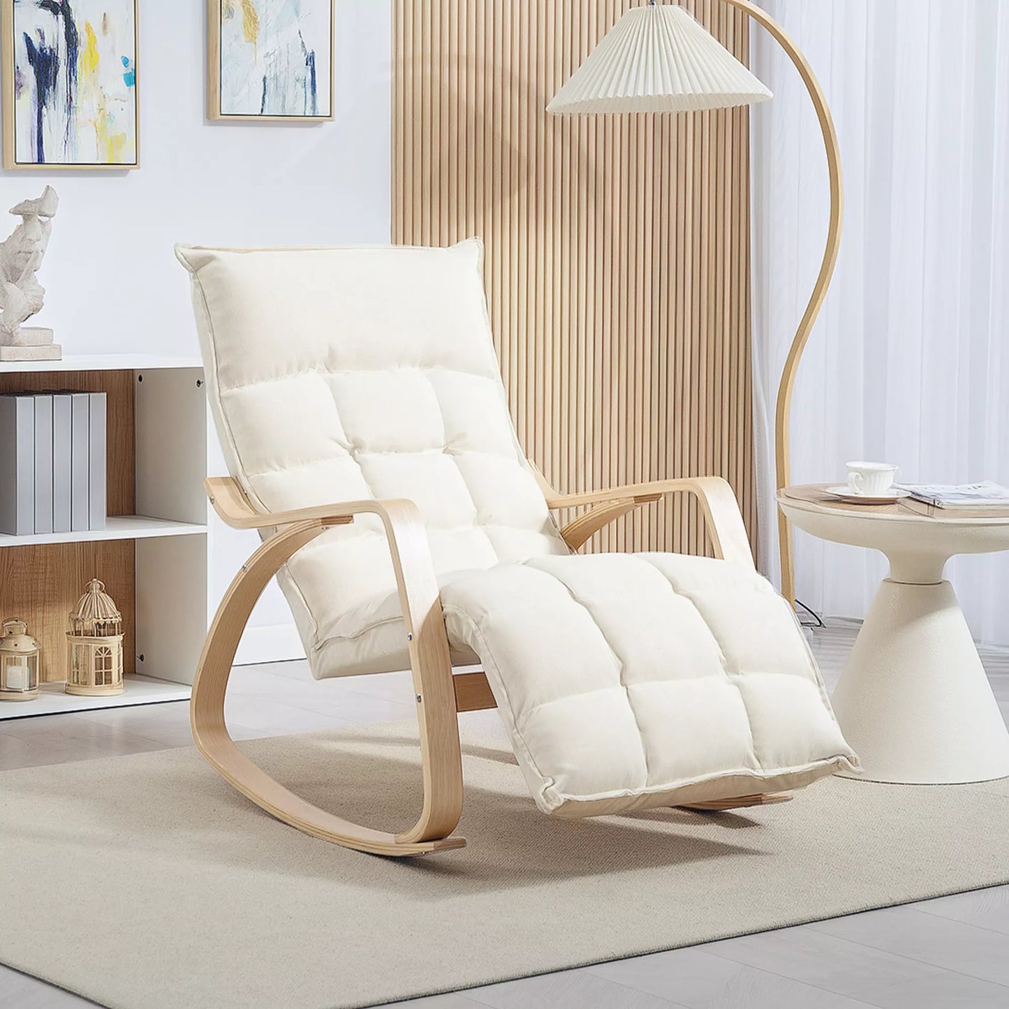 Paminkštintas supamasis krėslas, poilsio krėslas su porankiais ir plieniniu rėmu, tinkamas svetainei, miegamajam, kreminės baltos spalvos