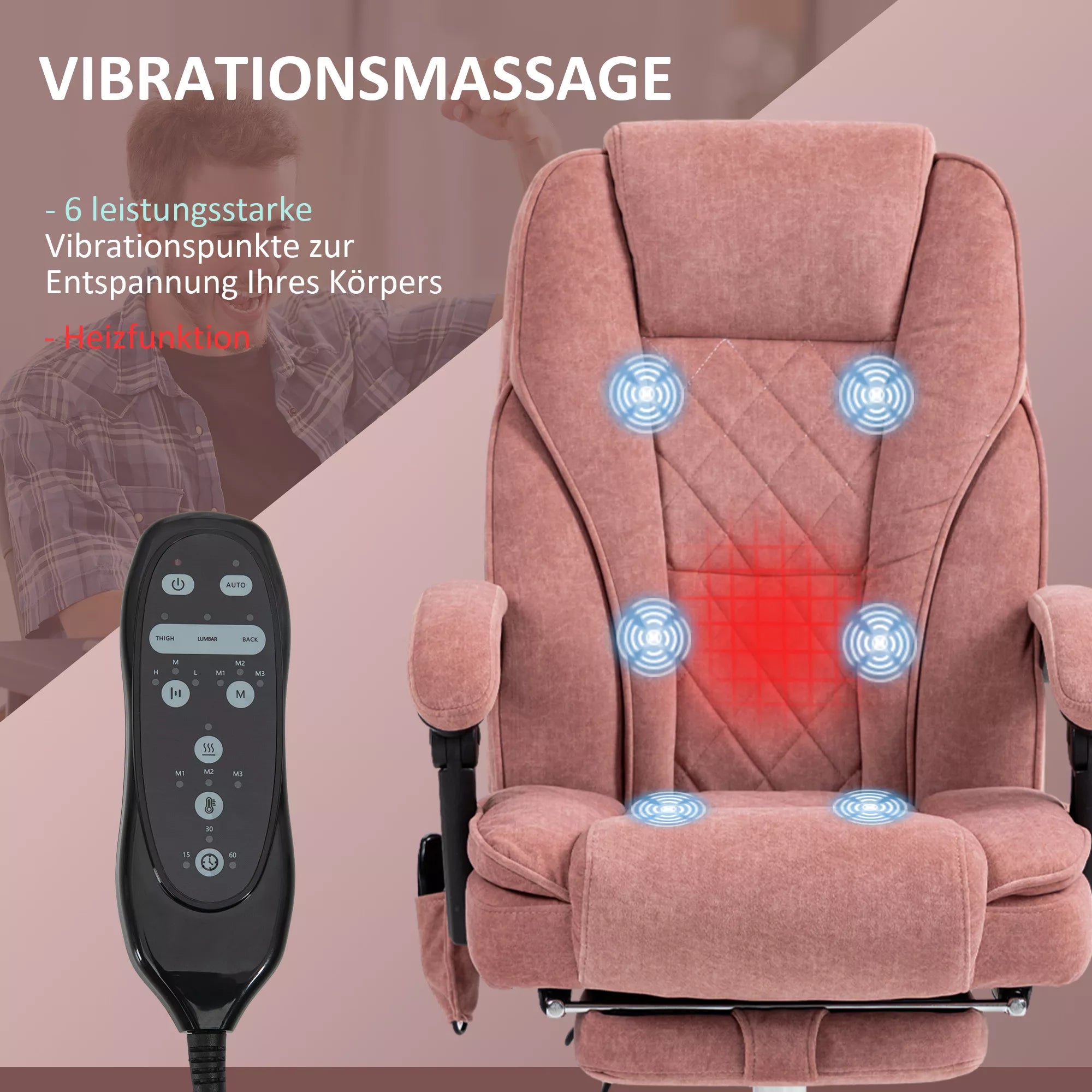 Ergonomiška biuro kėdė su masažo funkcija, kojų atrama, sukiojama, su ratukais, rožinė