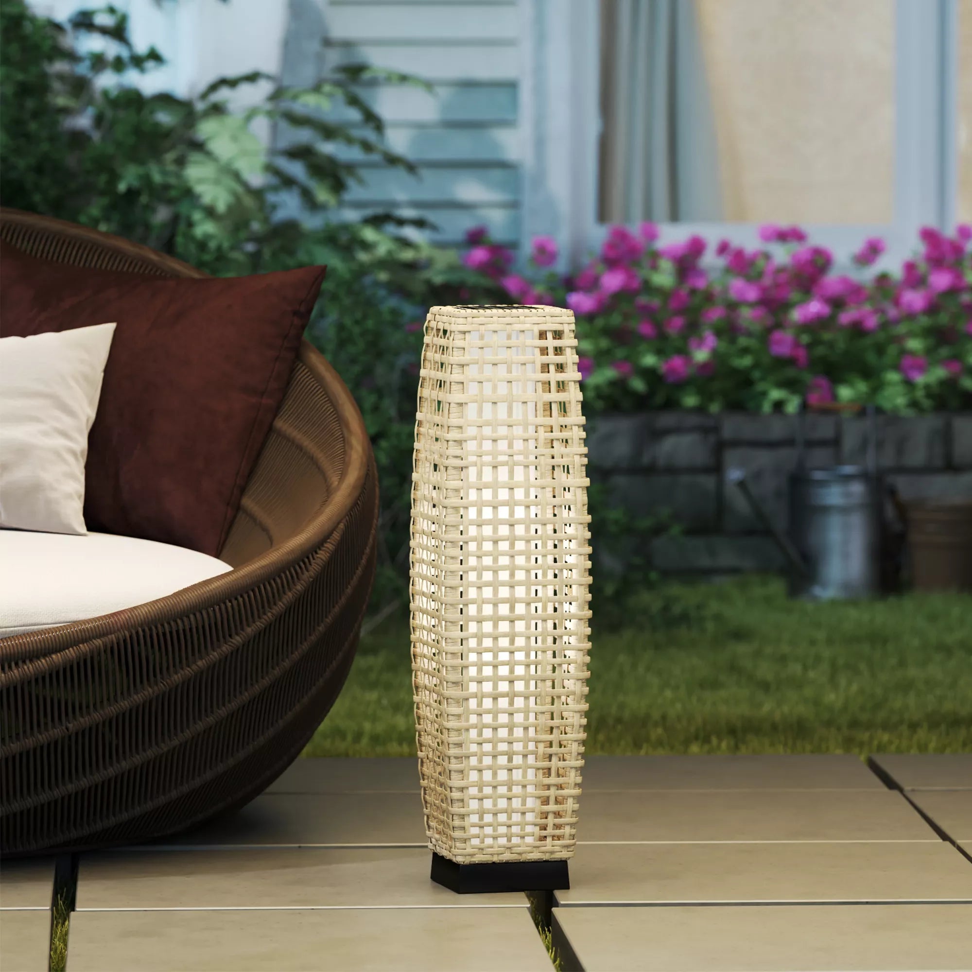 Lauko saulės lempa iš rotango, LED šviestuvas su šviesos jutikliu, IP44 atspari vandeniui, boho stiliaus
