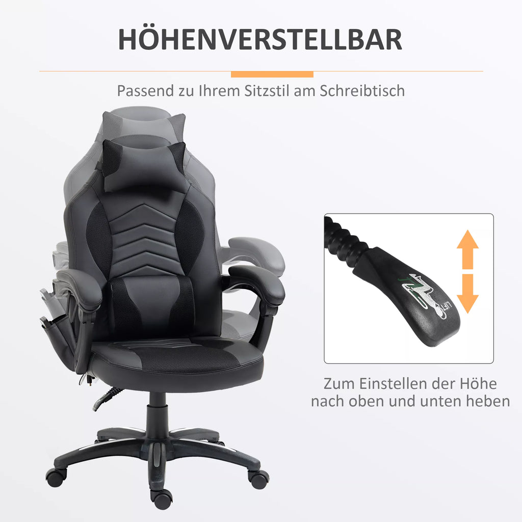 HOMCOM Biuro kėdė Masažinė kėdė su 6 vibracijos taškais Ergonomiška žaidimų kėdė su šildymo funkcija Dirbtinė oda Juoda 68 x 69 x 108-117cm