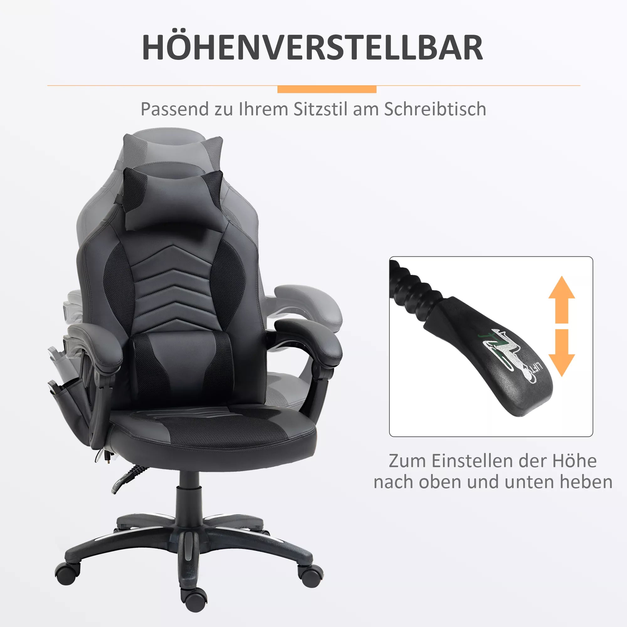 HOMCOM Biuro kėdė Masažinė kėdė su 6 vibracijos taškais Ergonomiška žaidimų kėdė su šildymo funkcija Dirbtinė oda Juoda 68 x 69 x 108-117cm