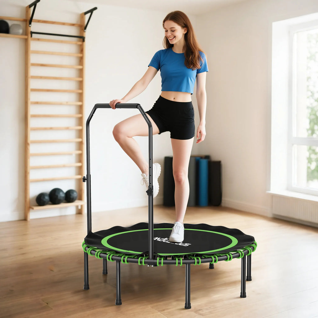 Fitness batutas su reguliuojamu turėklu, sportinis batutas naudoti viduje ir lauke, plienas, plastikas, žalias