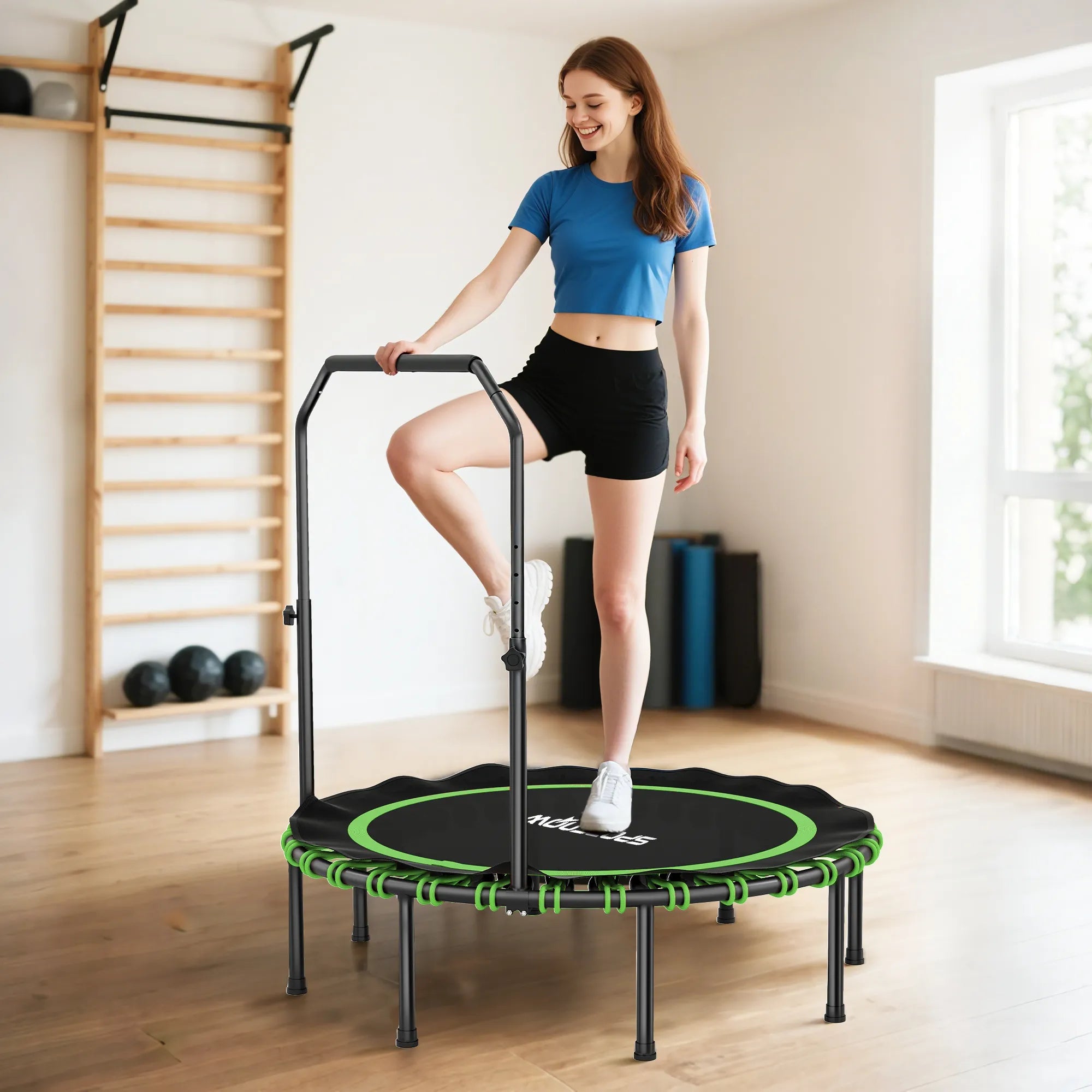 Fitness batutas su reguliuojamu turėklu, sportinis batutas naudoti viduje ir lauke, plienas, plastikas, žalias