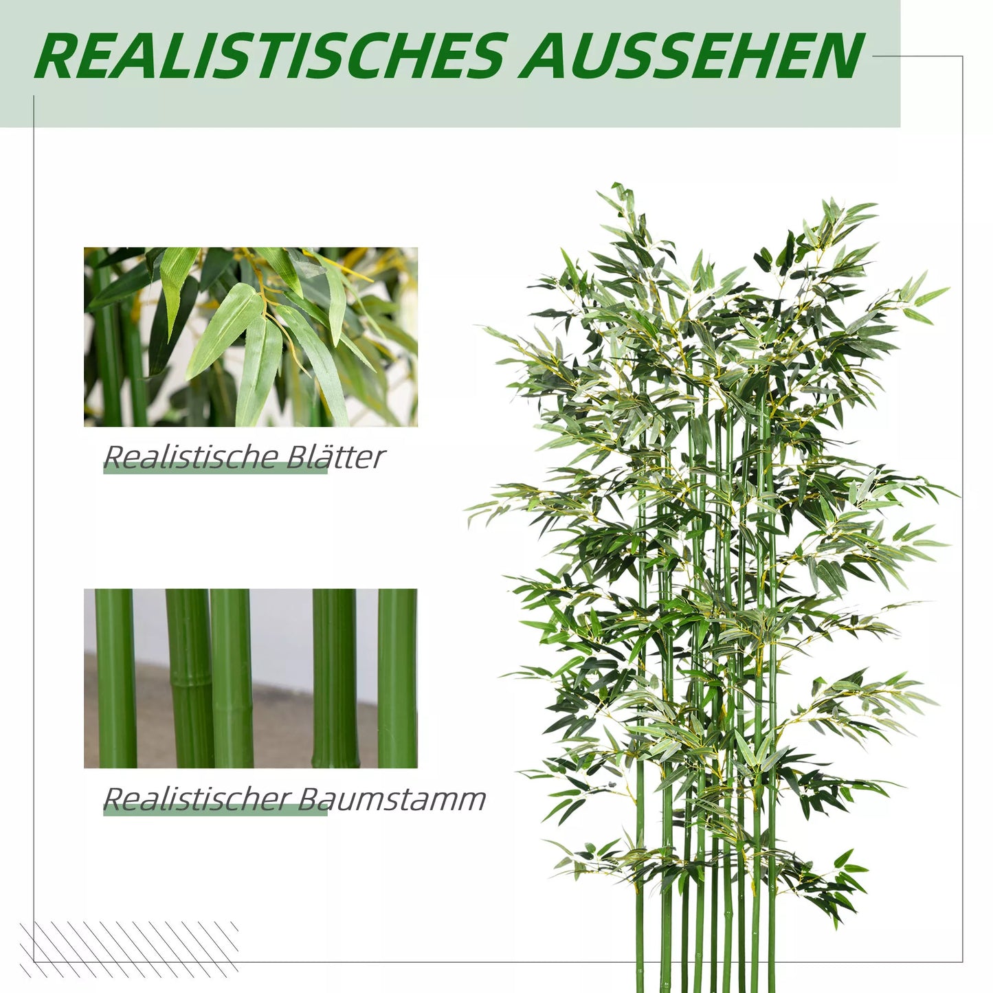 Dirbtinis bambukas, dekoratyvinis augalas, tikroviškos išvaizdos, lengvai prižiūrimas, skirtas naudoti namuose, 180 cm aukščio, žalias.