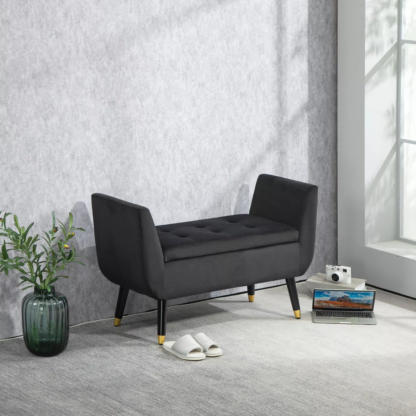 Sėdynė su daiktadėže ir porankiais, skrynios tipo suolas, aksominis poliesteris, guminės medienos, tamsiai pilka, 107 x 42 x 65 cm