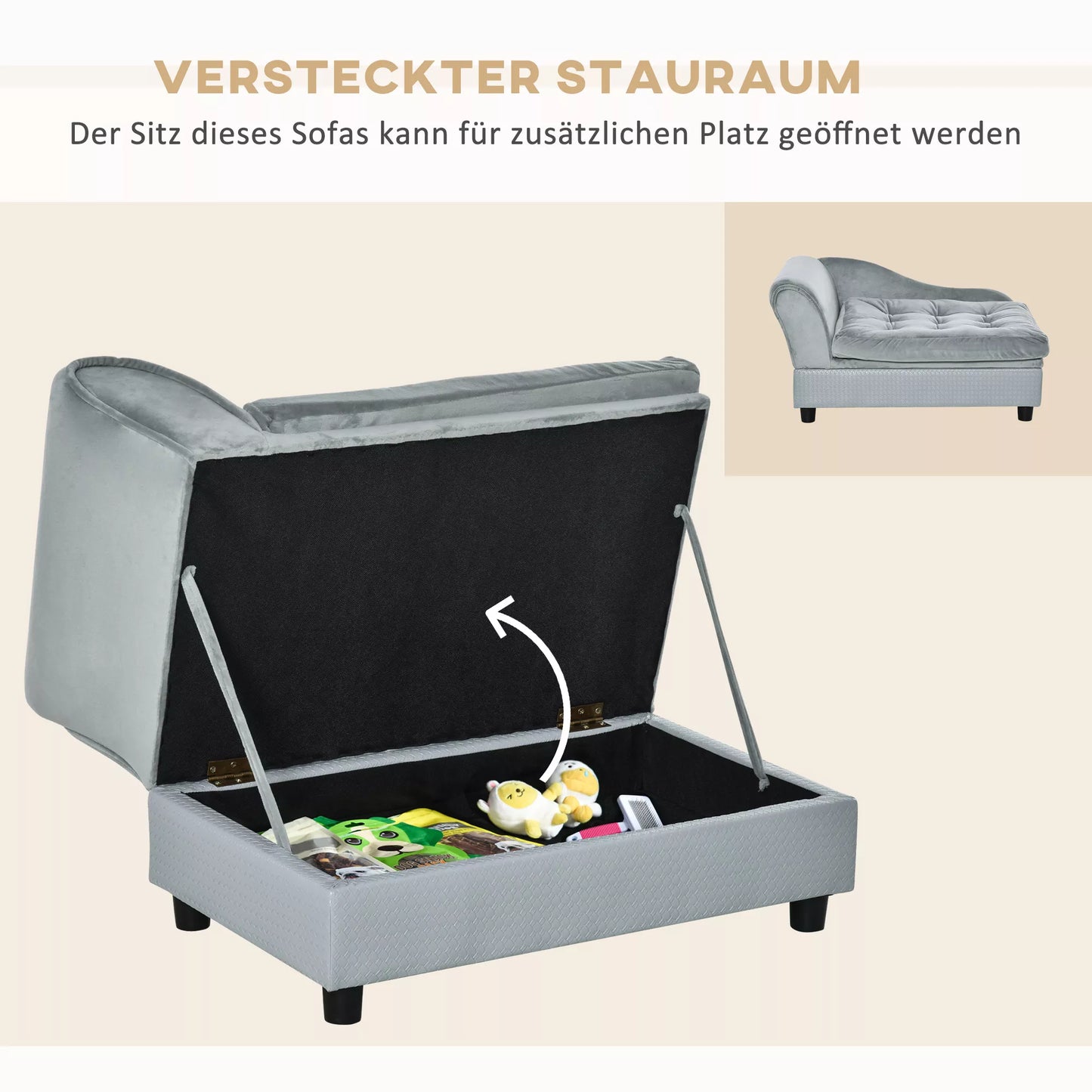 Sofa augintiniui su daiktadėže, minkšta pagalvėle, iki 15 kg apkrovos, pliušiniu užvalkalu, kieto medžio rėmu, šviesiai pilkos spalvos