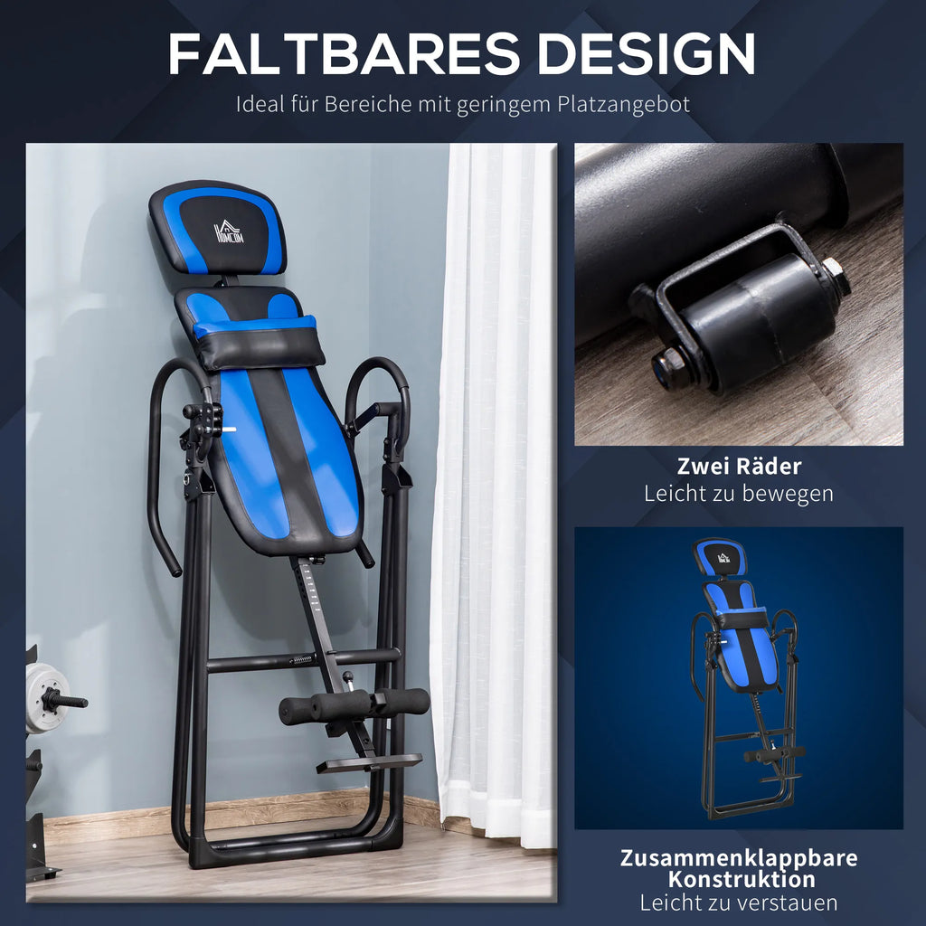 Sulduvas svyrio treniruoklis (inversions bank) su dviem ratukais, reguliuojama nugaros atrama. Metalo ir ABS plastiko, juoda+mėlyna. Išmatavimai: 132 x 71 x 145 cm