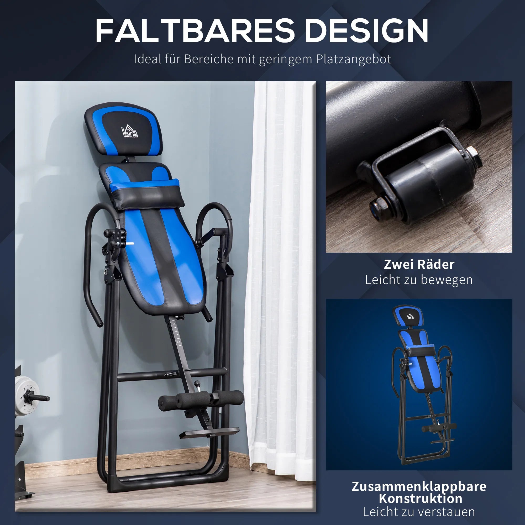 Sulduvas svyrio treniruoklis (inversions bank) su dviem ratukais, reguliuojama nugaros atrama. Metalo ir ABS plastiko, juoda+mėlyna. Išmatavimai: 132 x 71 x 145 cm