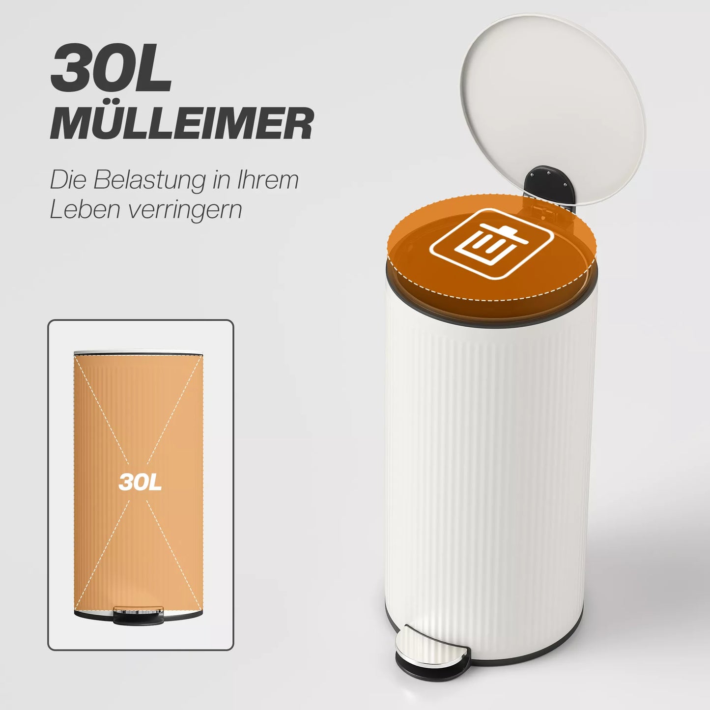 30 L matinė šiukšliadėžė su „Softclose“ dangčiu ir pedalu, vidinis kibiras metalinis, juoda, 36 x 30 x 60,5 cm