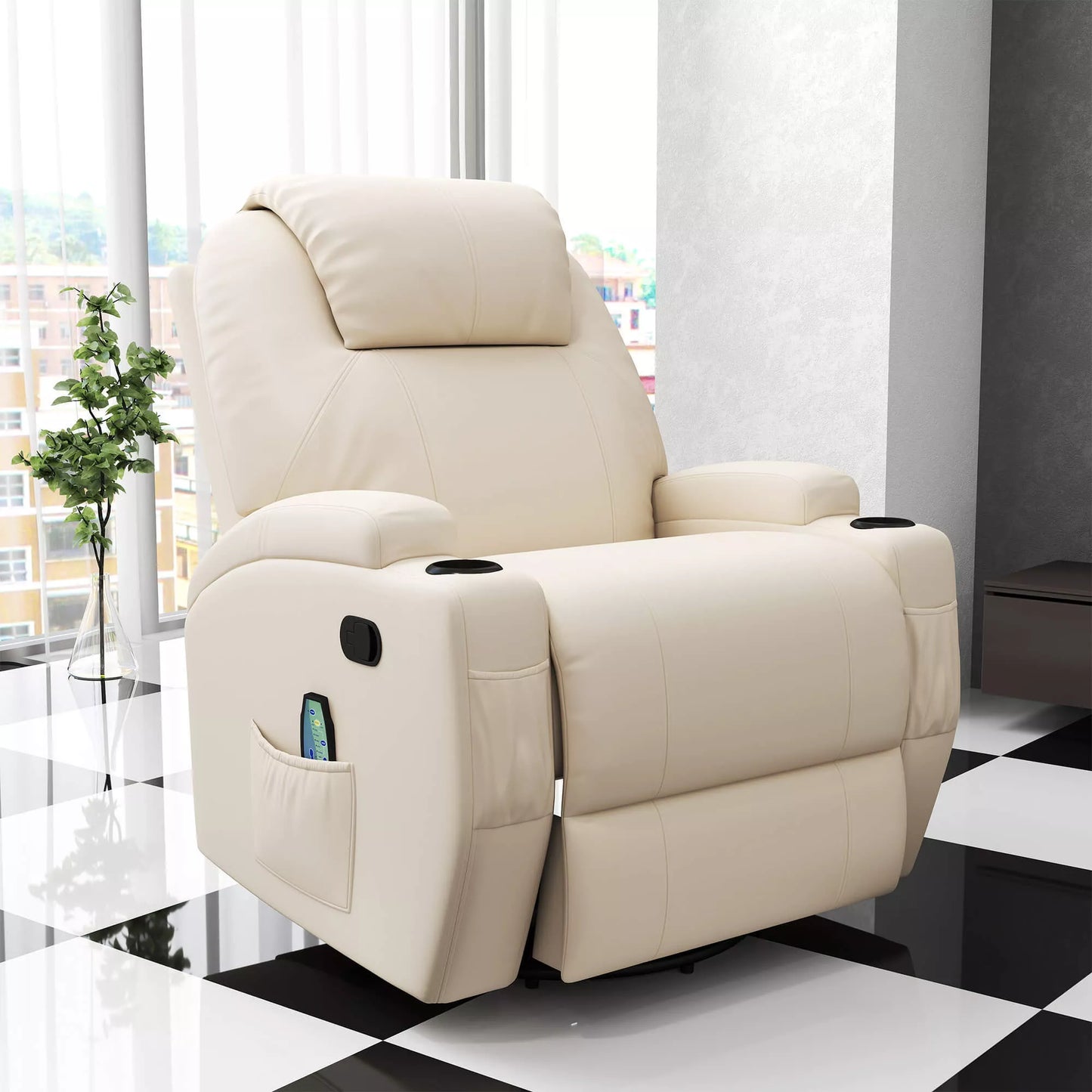 Elektrinis masažinis krėslas poilsiui, TV krėslas, su masažo funkcija, 5 masažo režimai, atsigulimo funkcija. Dirbtinė oda, mediena, metalas, putplastis. Kreminės baltos spalvos. 84 x 92 x 109 cm