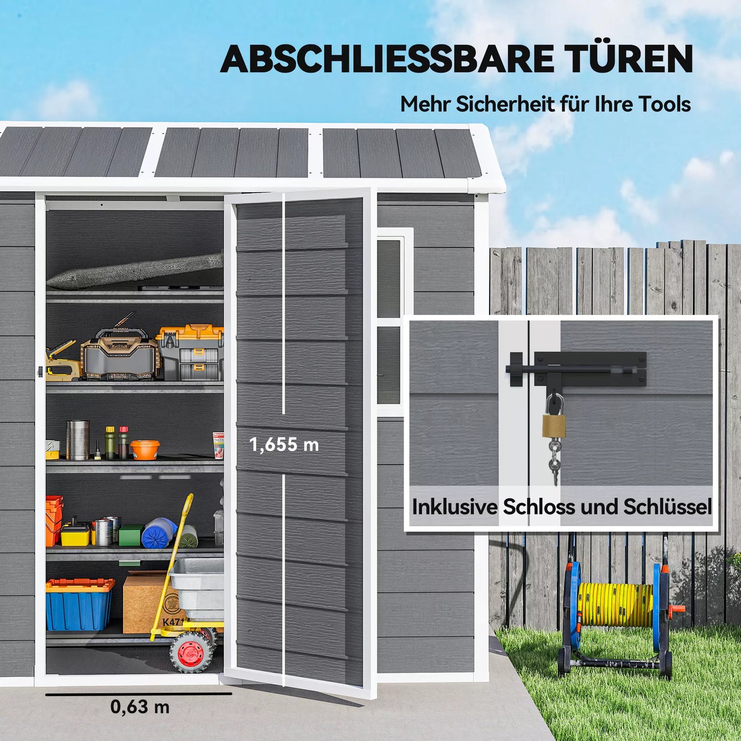 Sodo namelis su grindimis, langais, užrakinamomis durimis, iš plastiko dervos, atsparus oro sąlygoms, pilkos spalvos