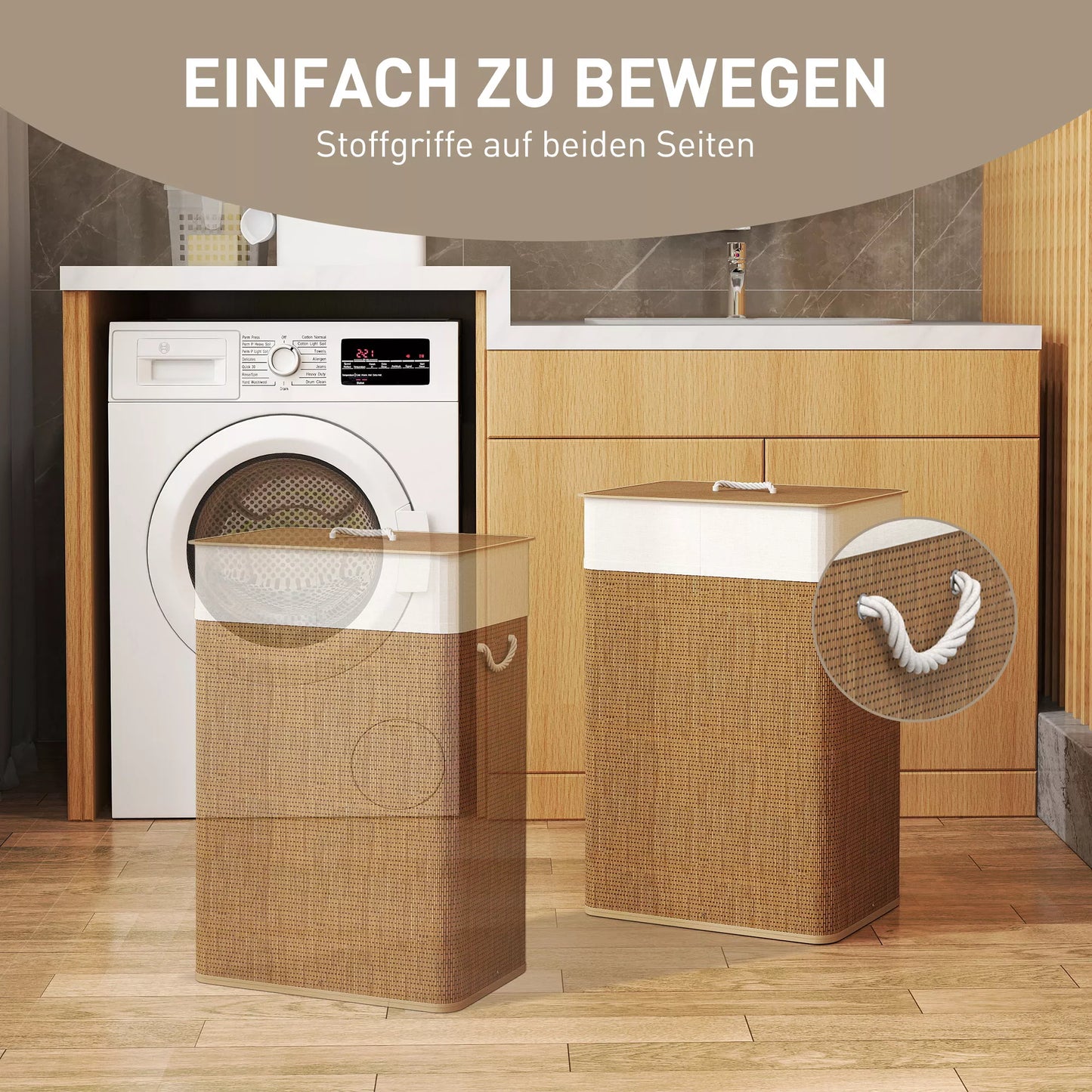 Bambukinė skalbinių dėžė su dangčiu 72 L, su bambuko rankenomis, nuimamu skalbinių maišu, ruda