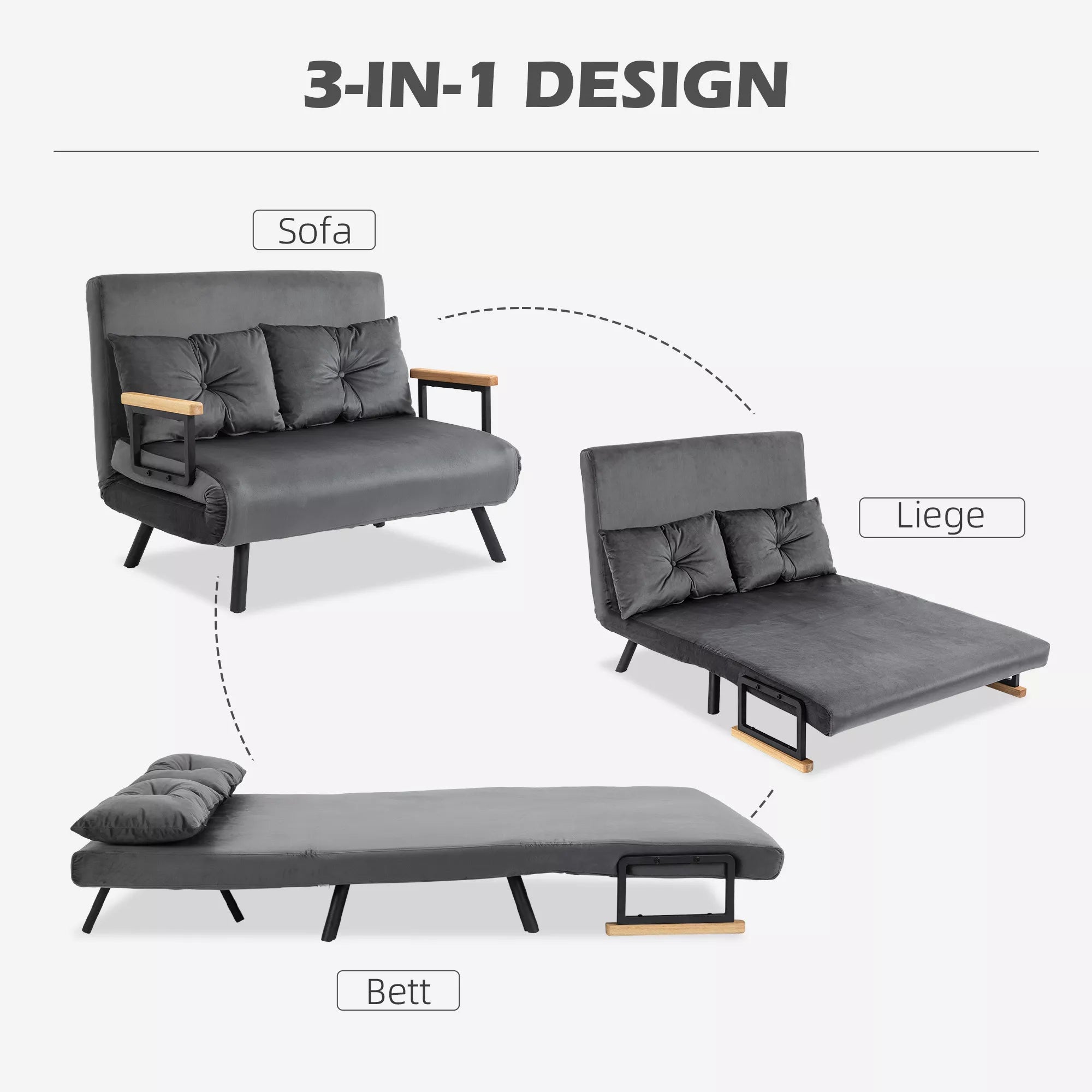 Miegamasis sofos 2-vietė sofa Velvet sofa, miegamoji funkcija, įskaitant 2 pagalvės, velvetinis išvaizda, natūralus + tamsiai pilkas + juodas