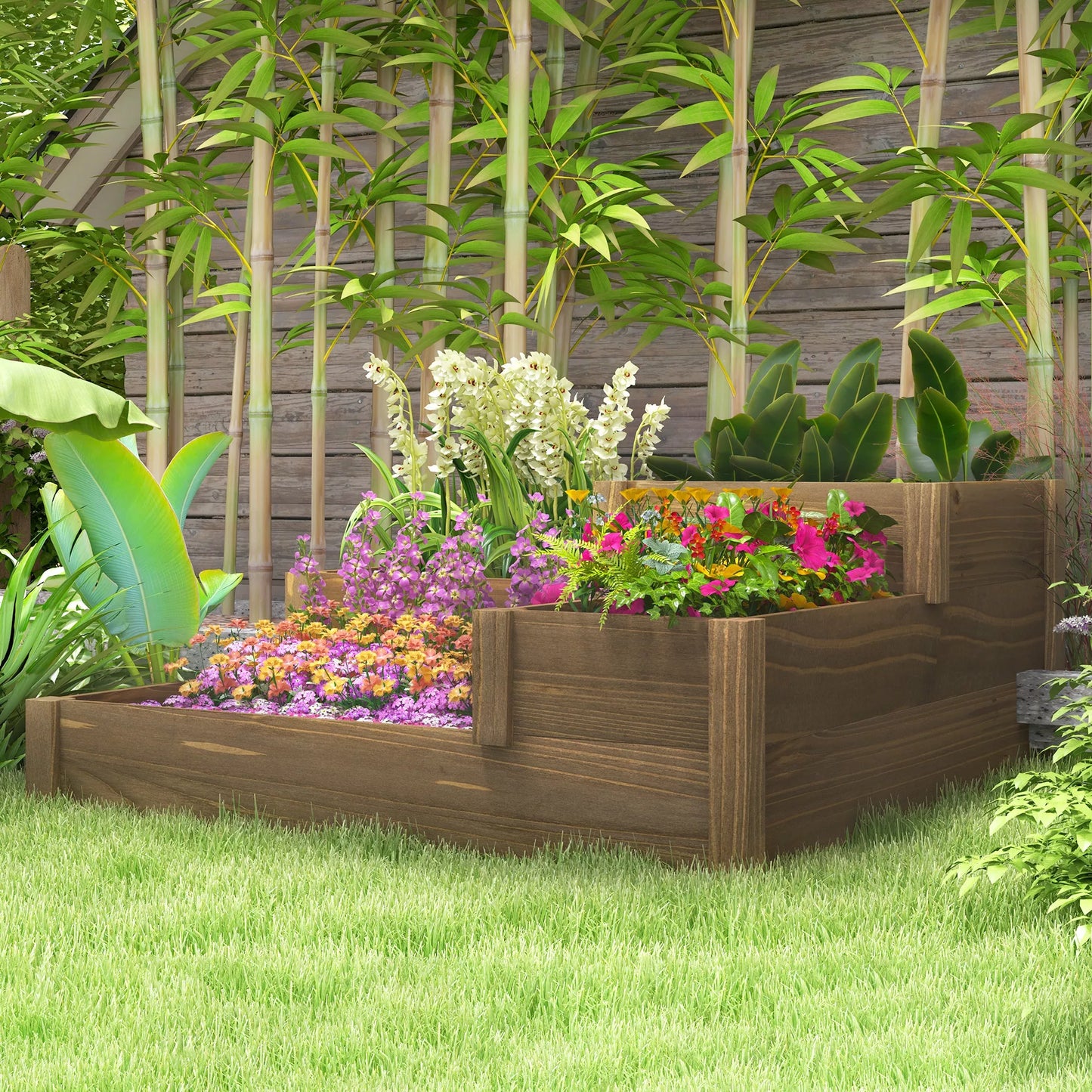 Paaukštinta lysvė, 4 sodinimo loveliai ant 3 pakopų, atsparus oro sąlygoms, medžio masyvas, 122 cm x 122 cm x 51 cm, natūralus