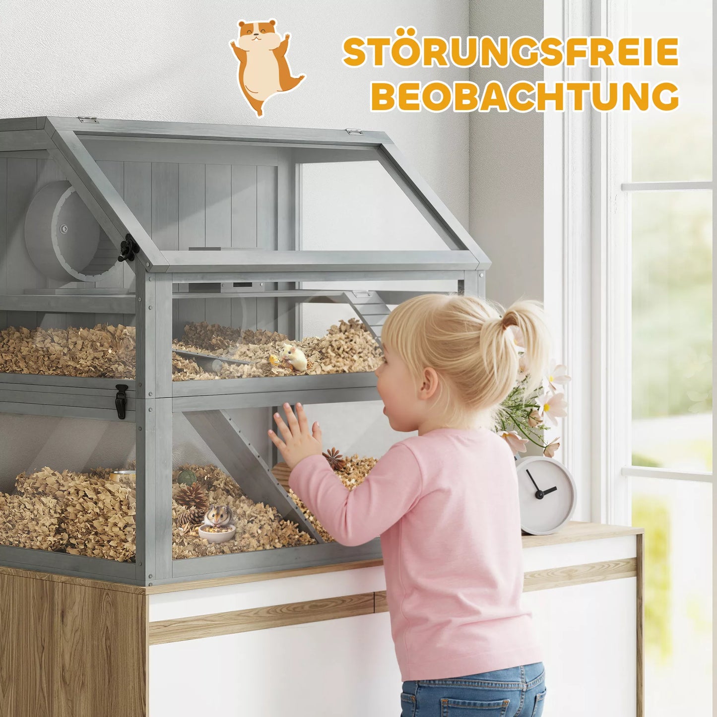 Medinų namelis žiurkėnams, 3 aukštų su didele dugnine, nuimamais lygiais, smulkiems gyvūnėliams, 80x50x76cm, šviesiai pilkas