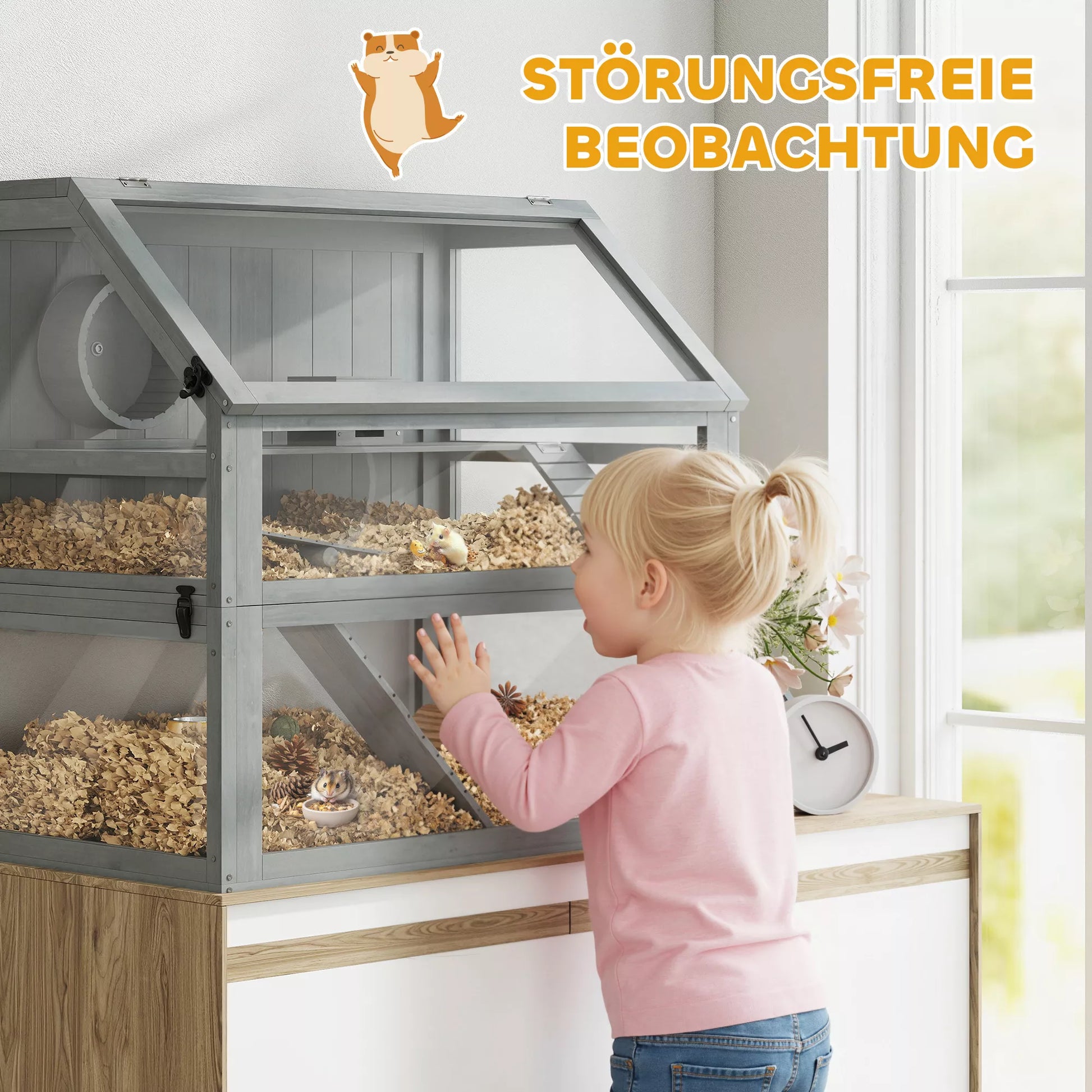 Medinų namelis žiurkėnams, 3 aukštų su didele dugnine, nuimamais lygiais, smulkiems gyvūnėliams, 80x50x76cm, šviesiai pilkas