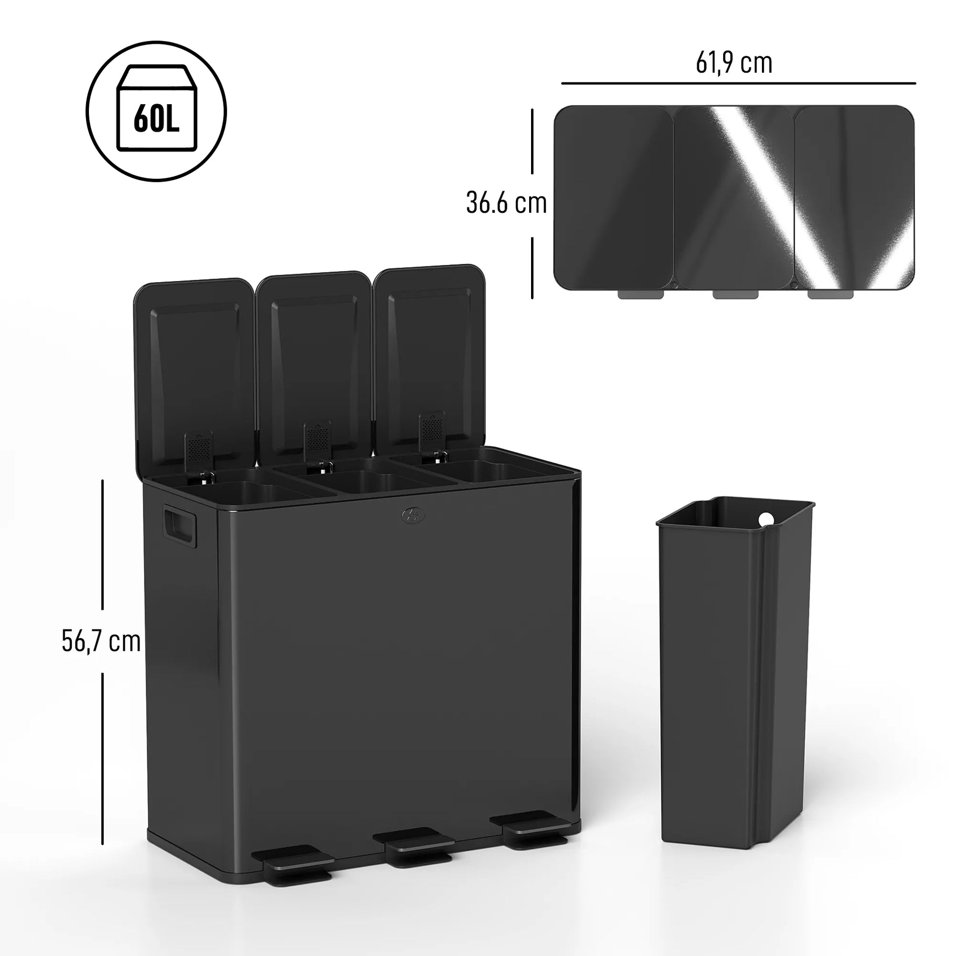 Šiukšliadėžė su 3 x 20 L skyriais, su dezodoravimo funkcija, atsparus pirštų atspaudams, su švelniu uždarymu, su išimamais skyriais, juoda