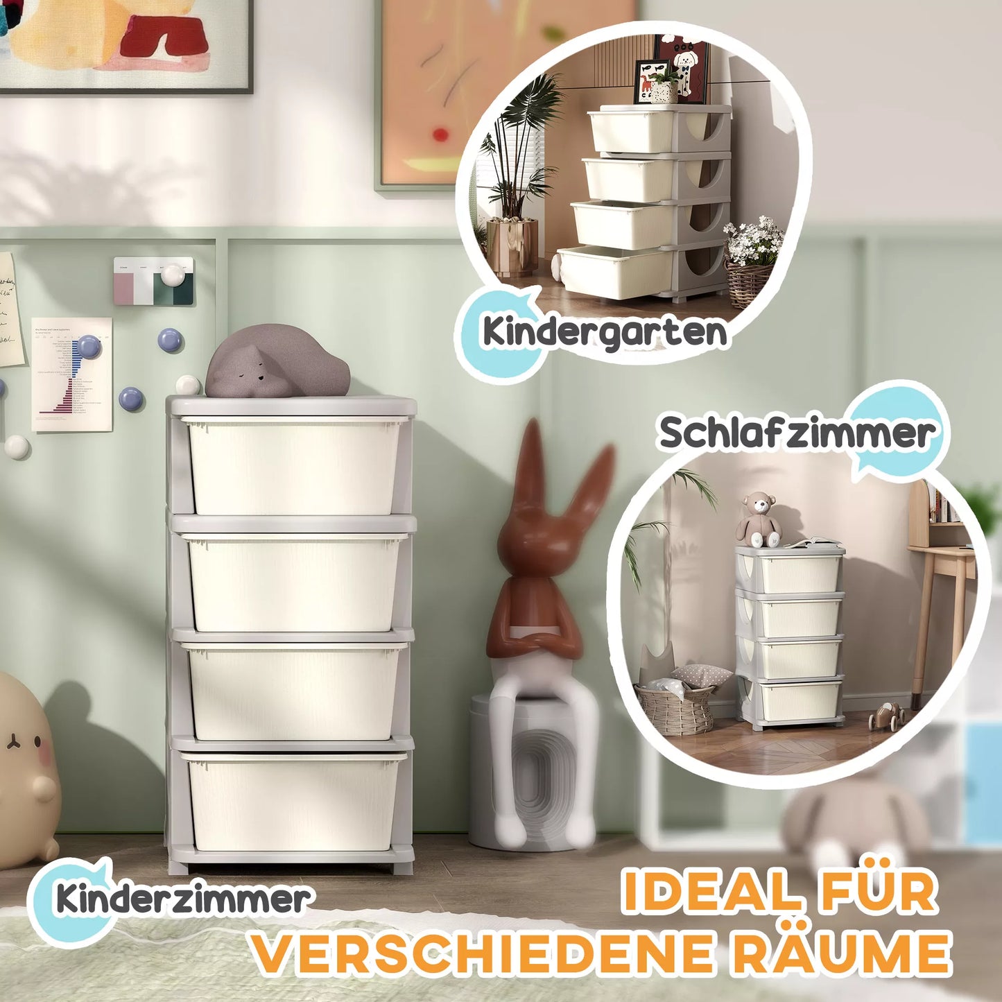 Vaikų daiktų laikymo dėžės, 4 dideli stalčiai, apvalūs kraštai, plastikas, 37x37x76 cm, kreminė balta spalva