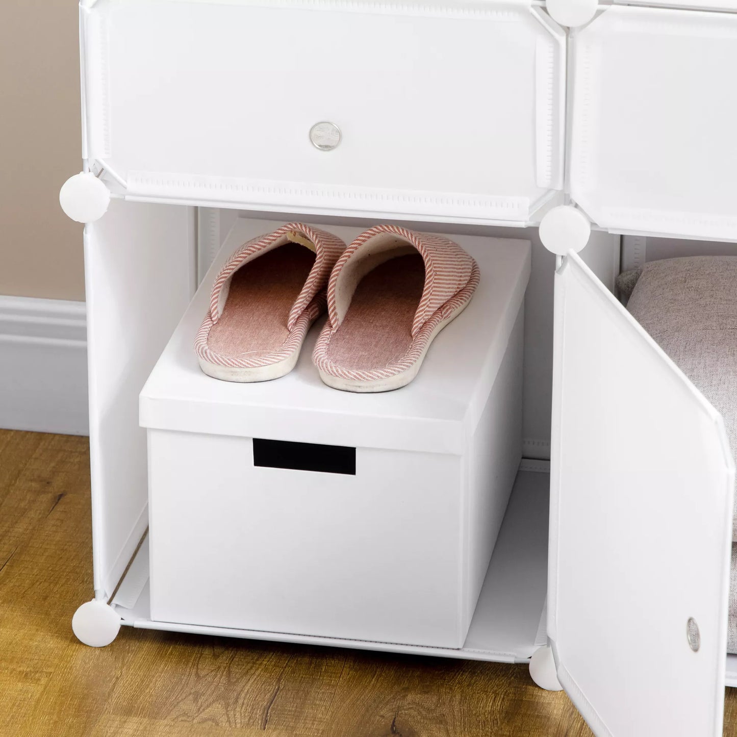 Batų spinta, lentyna su laikymo dėžėmis, drabužių spinta, plastikas, plienas, balta, 75 x 37 x 73 cm