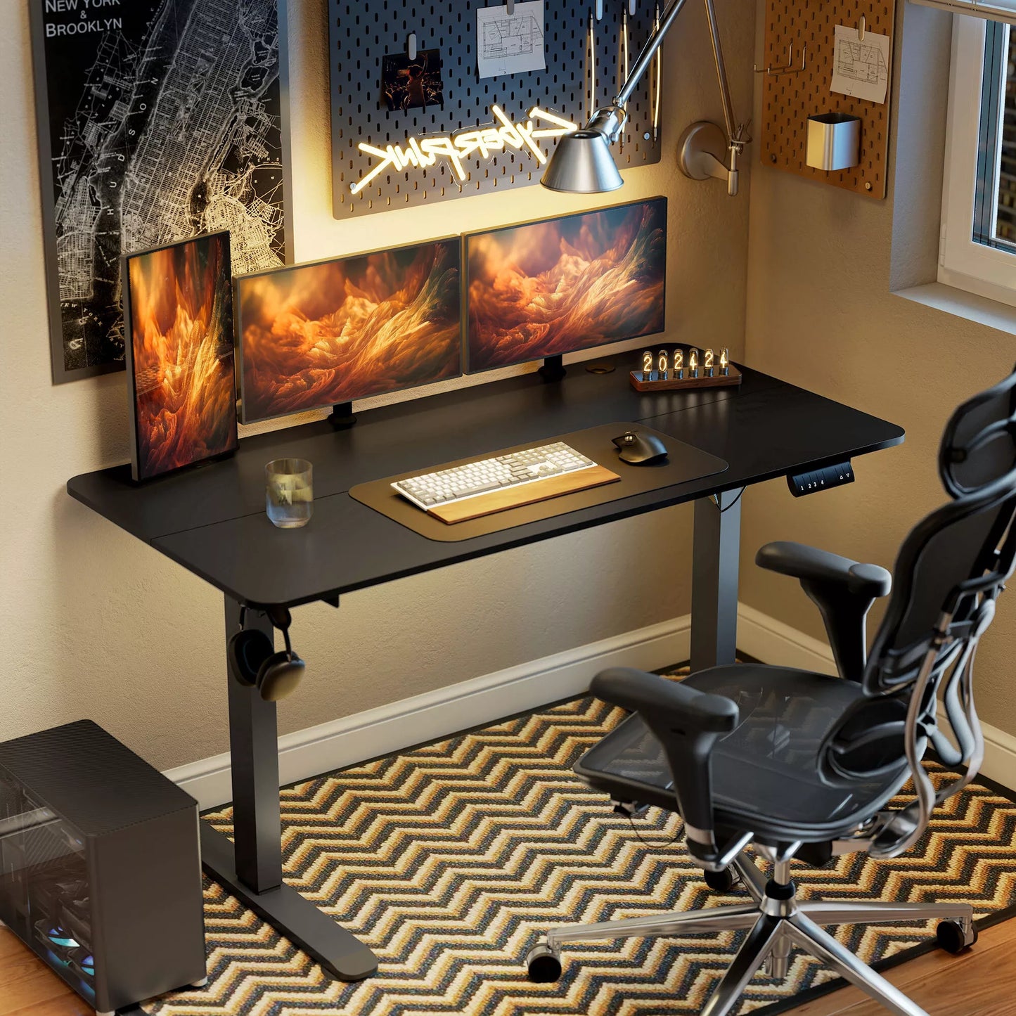 Stovimas stalas, aukščio reguliuojamas kompiuterio stalas, 140 cm x 70 cm x 116 cm, juodas