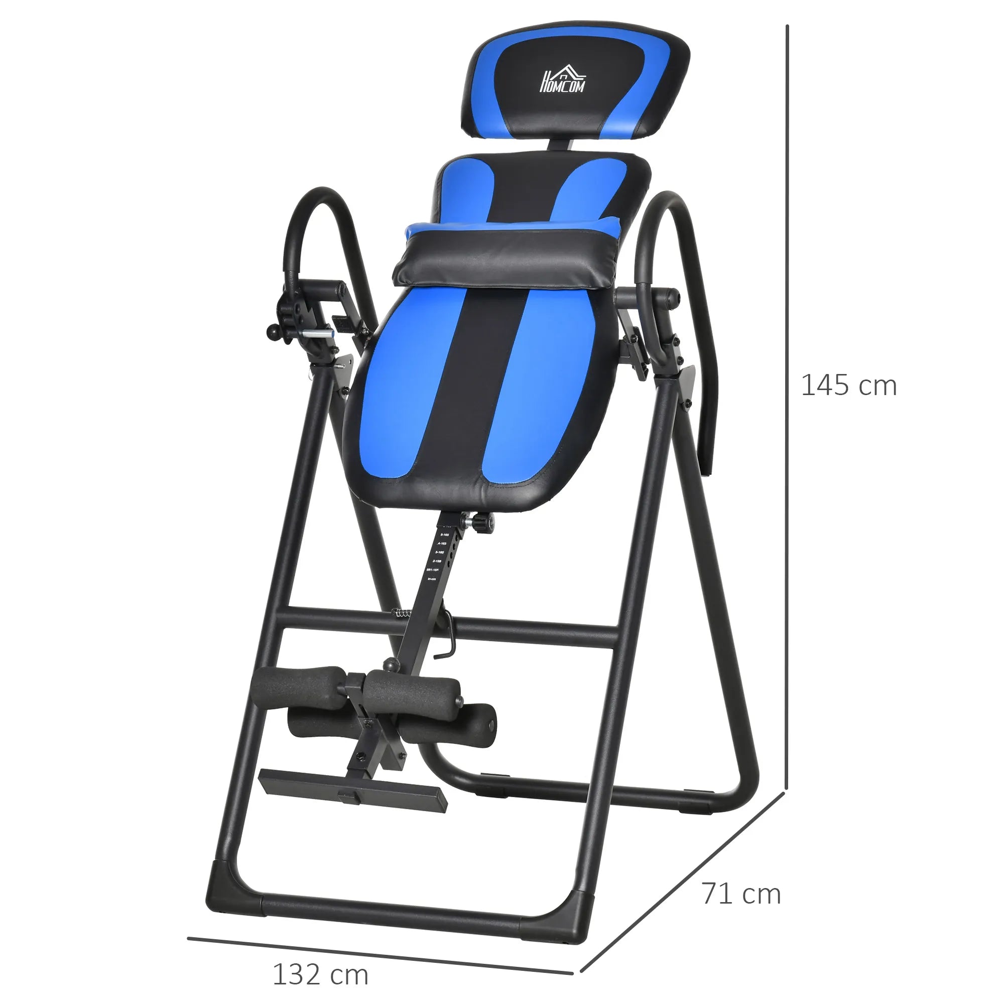 Sulduvas svyrio treniruoklis (inversions bank) su dviem ratukais, reguliuojama nugaros atrama. Metalo ir ABS plastiko, juoda+mėlyna. Išmatavimai: 132 x 71 x 145 cm