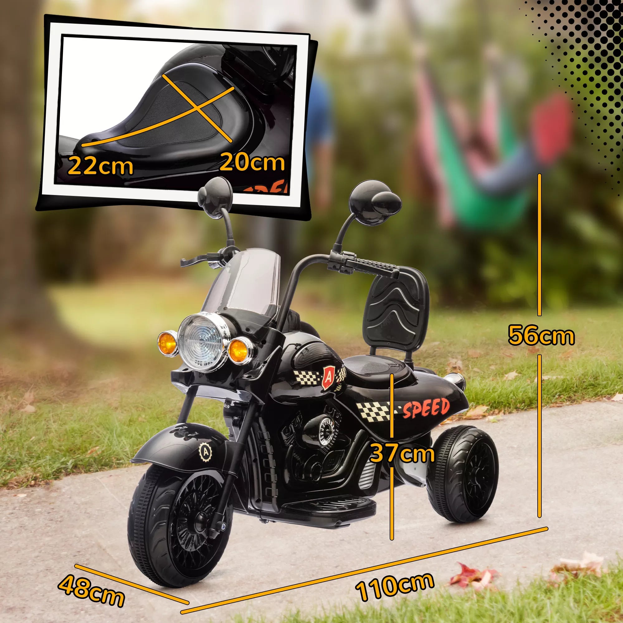 Elektrinis vaikiškas motociklas, 3-5 km/h, Chopper stiliaus, su šviesomis ir muzika, vaikams 3-6 metų, juodos spalvos