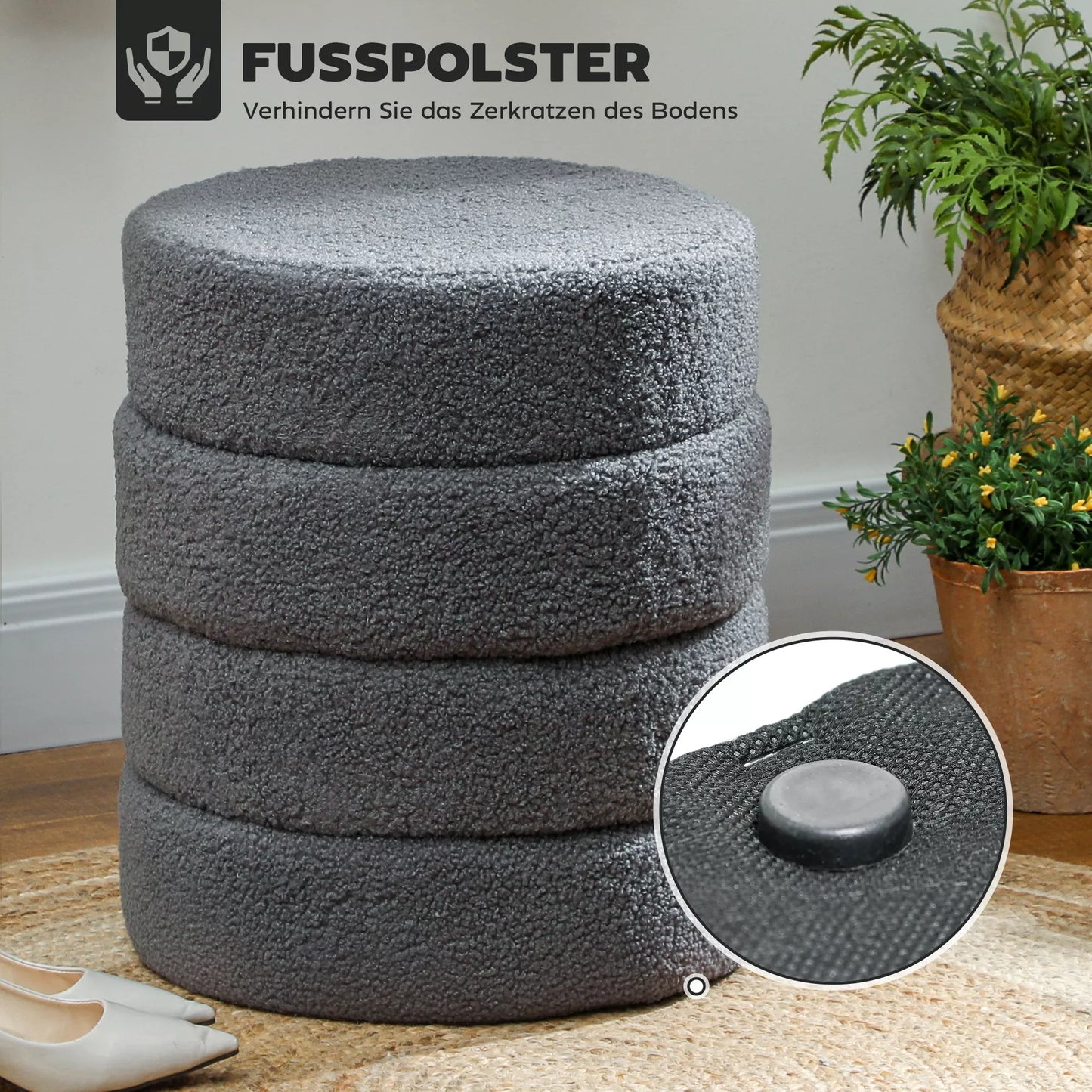 Pufas, apvalus, Teddy vilnos, iki 120kg, Ø40x45A cm, Tamsiai pilkas