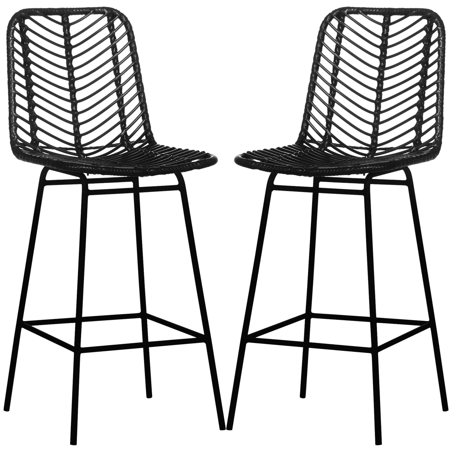 Baro taburetės, 2 vnt. komplektas, rotango išvaizda, atrama kojoms, plieno rėmas, neslystančios, iki 120 kg, 42,5x52x102 cm, juodos