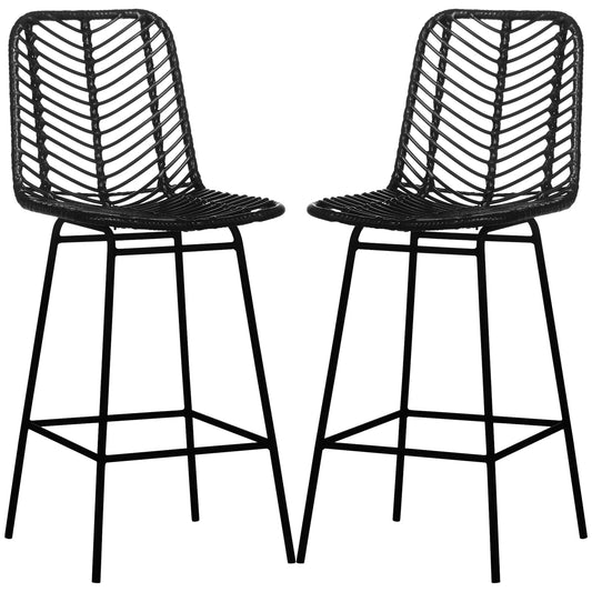 Baro taburetės, 2 vnt. komplektas, rotango išvaizda, atrama kojoms, plieno rėmas, neslystančios, iki 120 kg, 42,5x52x102 cm, juodos