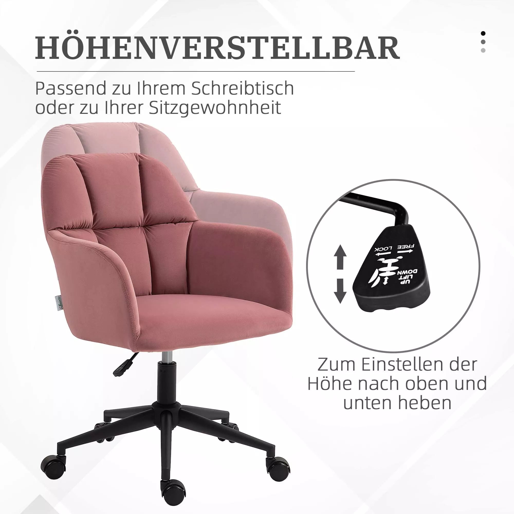 Biuro kėdė, ergonomiška, aukščio reguliuojama, sukiojama, aksomo išvaizda, iki 120 kg, rožinė
