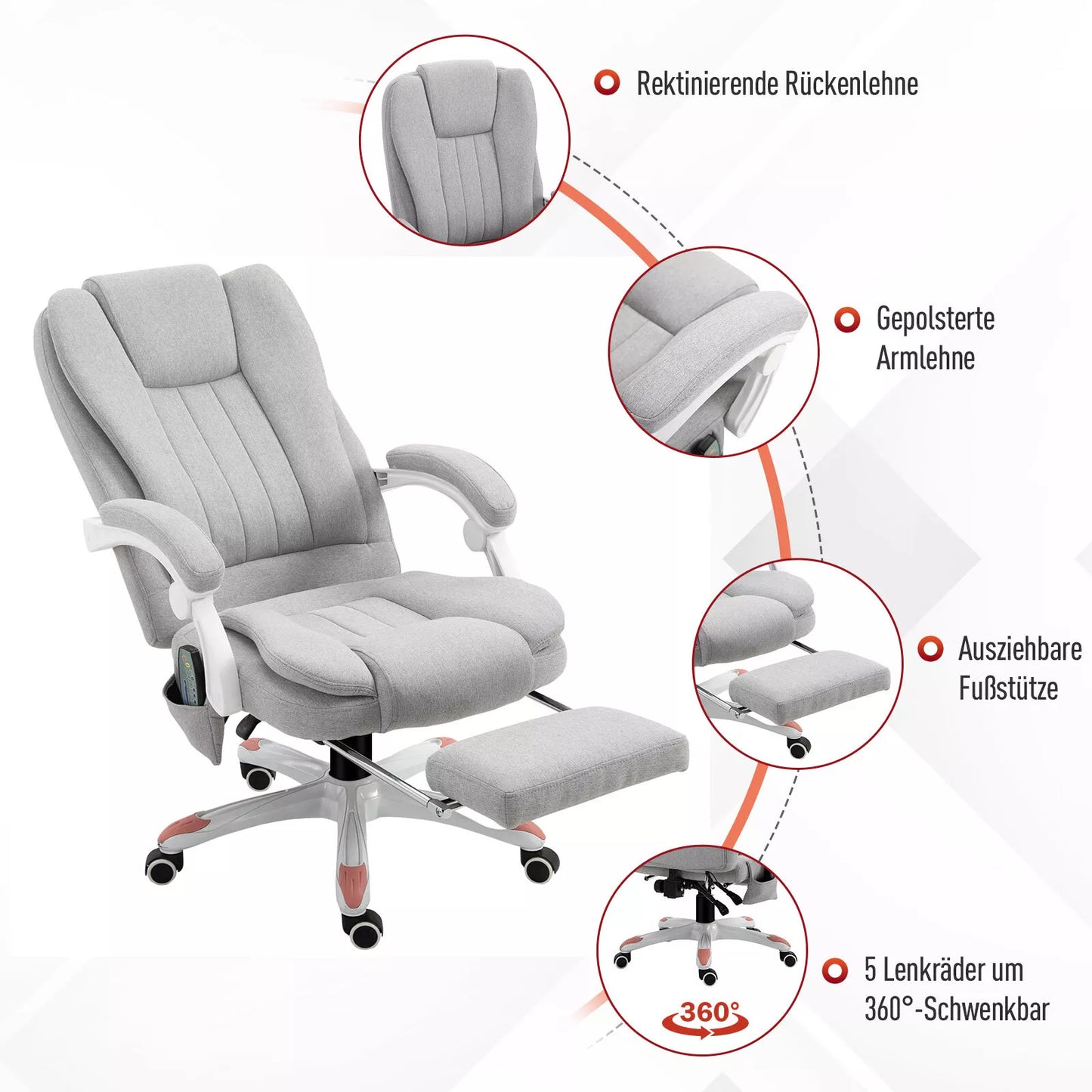 Masažinė kėdė, biuro kėdė, žaidimų kėdė, poliesteris, putplastis, nailonas, pilka, 66 x 63 x 107-115 cm