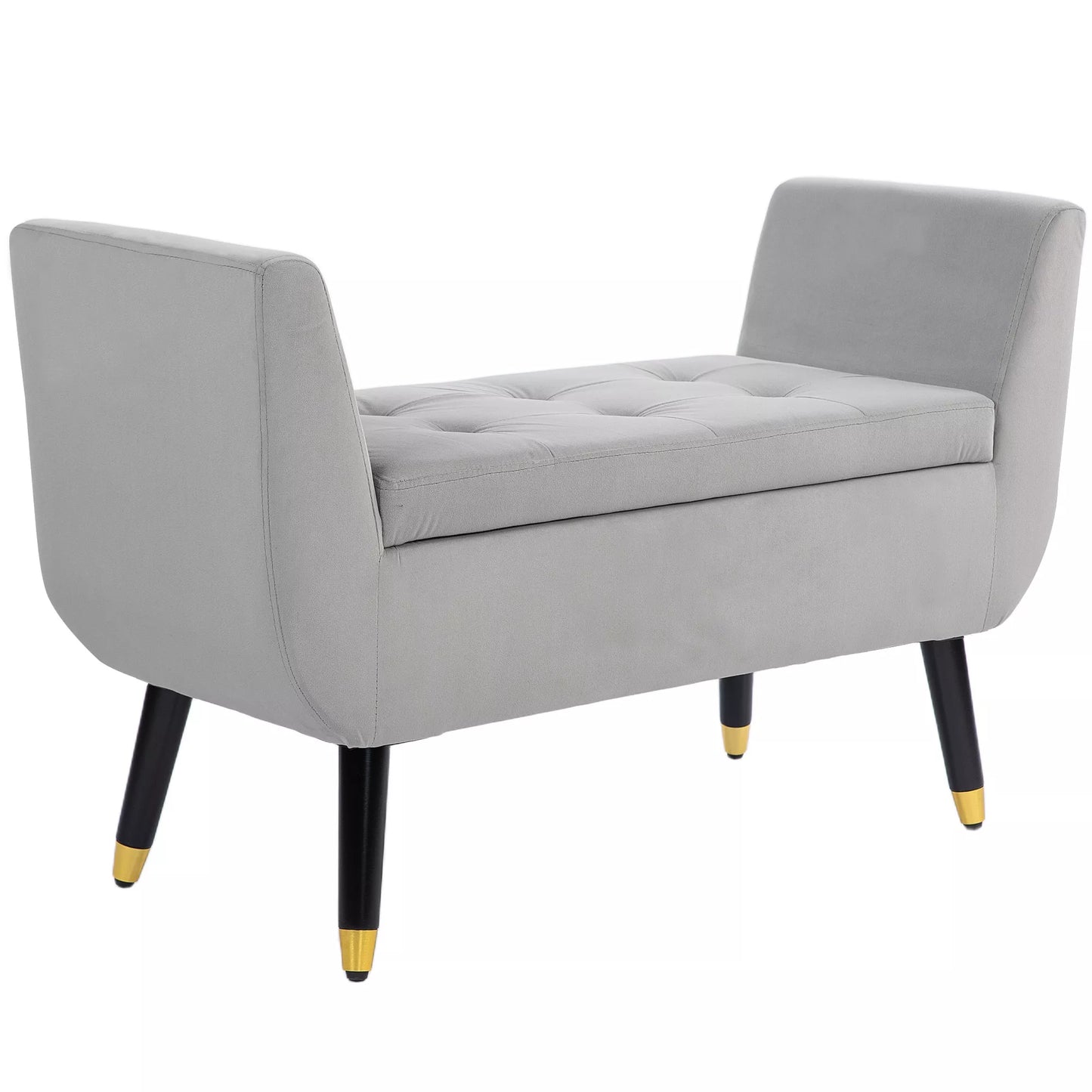 Suolas su daiktadėže ir porankiais, skrynios formos suolas, aksominis poliesteris, kaučiukmedžio mediena, šviesiai pilka, 107 x 42 x 65 cm